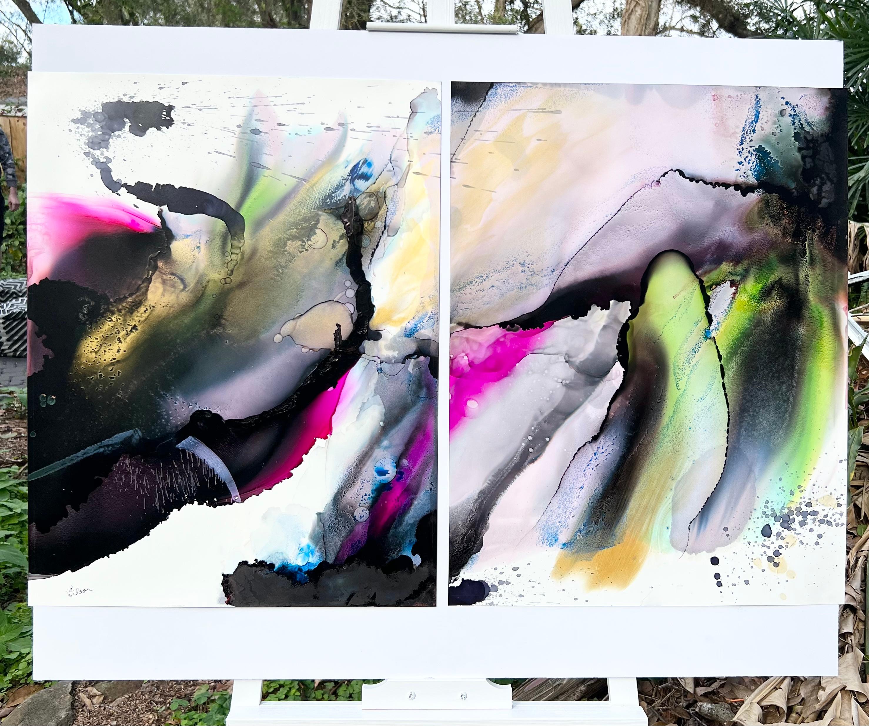 <p>Artist Comments<br>Artist Eric Wilson demonstrates a striking abstraction of layered ink washes, conjuring an impression of a spiritual awakening. Expressive black hues prevail over accents of vivid magenta and lime. The unique diptych explores a
