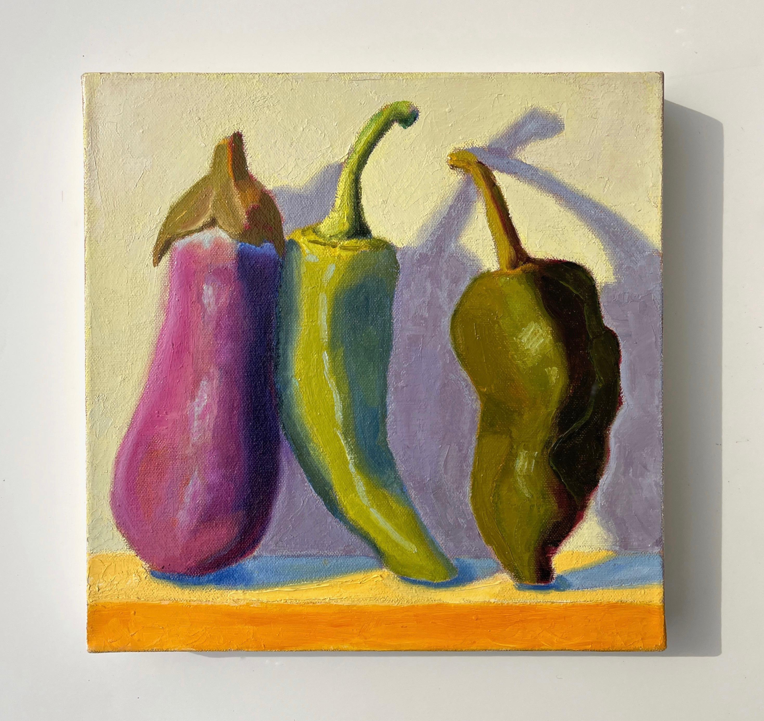 <p>Artist Comments<br>Artist Pat Doherty presents a still life of an eggplant, jalapeno pepper, and poblano chili pepper propped up on a shelf. This whimsical painting focuses on a balanced composition and strong color relationships while