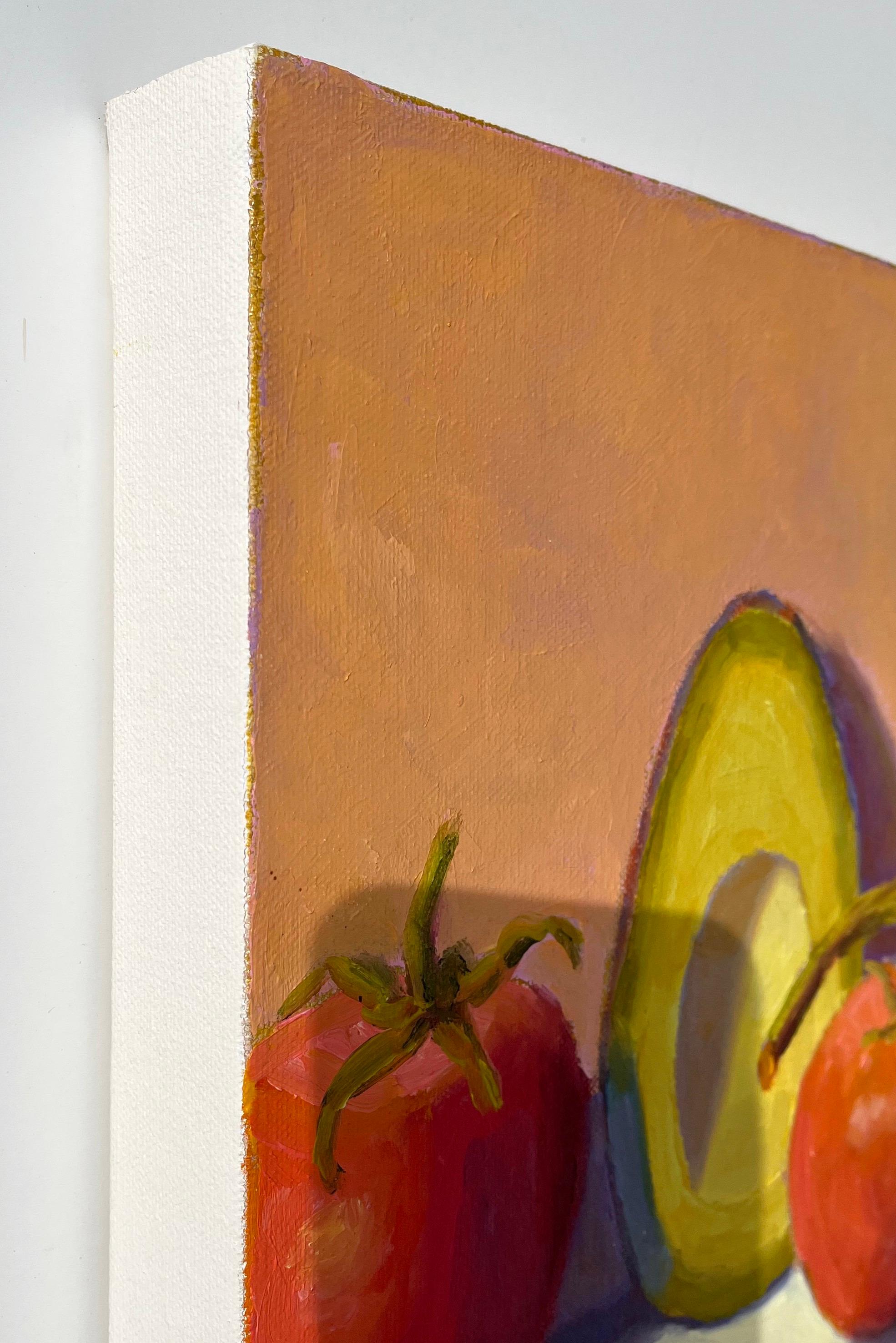 <p>Artist Comments<br>Artist Pat Doherty displays three vine tomatoes and a sliced avocado resting on a shelf. Her delectable oil paintings draw on her experience as a former commercial art director and designer. She seeks out her subjects at