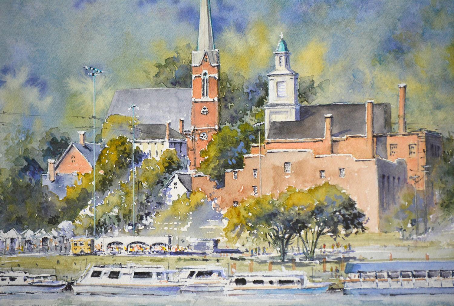 <p>Artist Comments<br>Artist Judy Mudd demonstrates a sweeping view of Madison from the Ohio River. As part of her Marine collection, she spotlights the vicinity from a unique perspective. The depth evokes the feeling as though the viewer observes