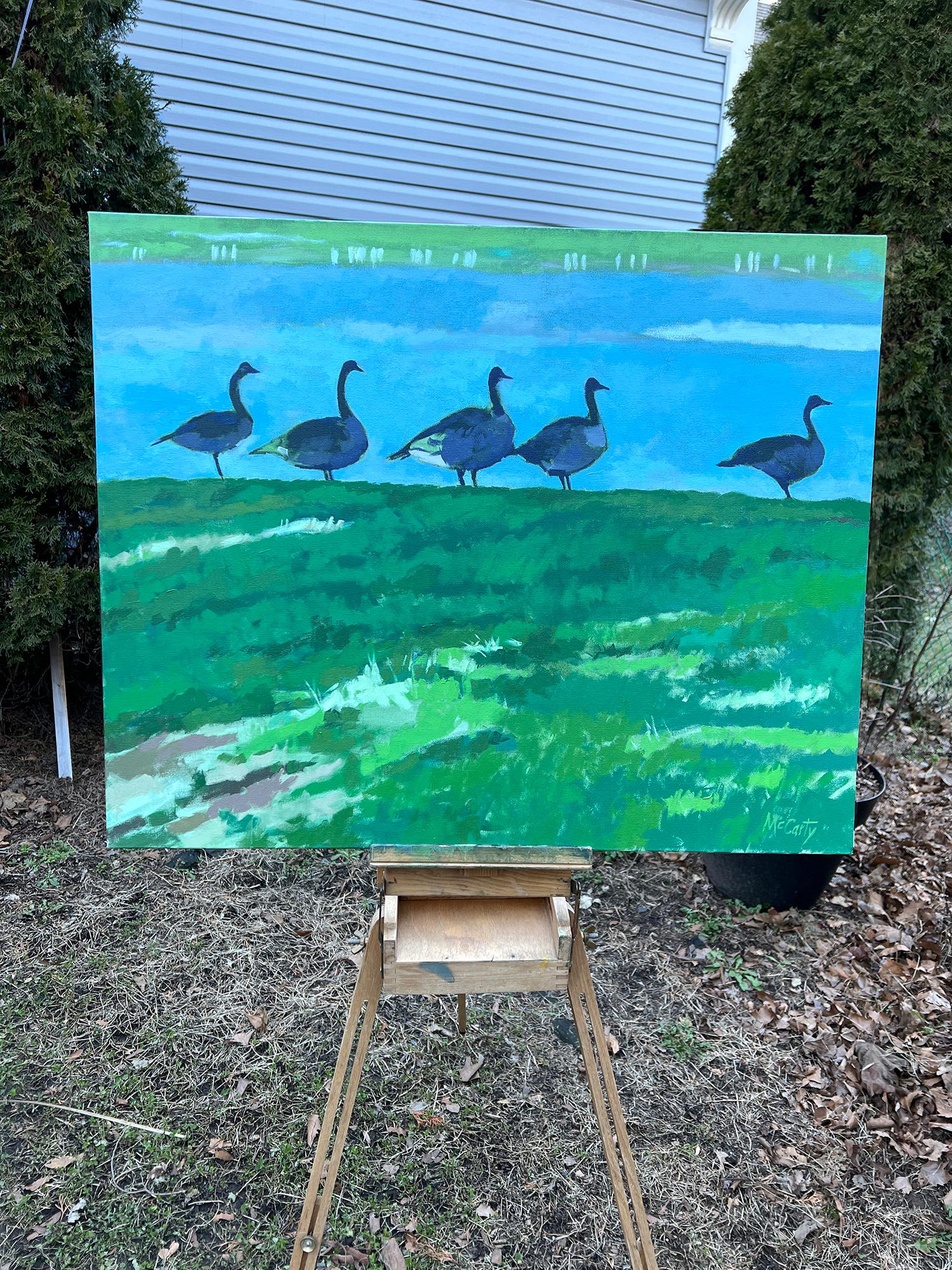 <p>Artist Comments<br>Artist Brian McCarty presents a view of five wild geese lined up by a river bank. He paints the scene with an impressionistic approach, using light and loose brushwork. The flock walks along the high grass, looking for food. A