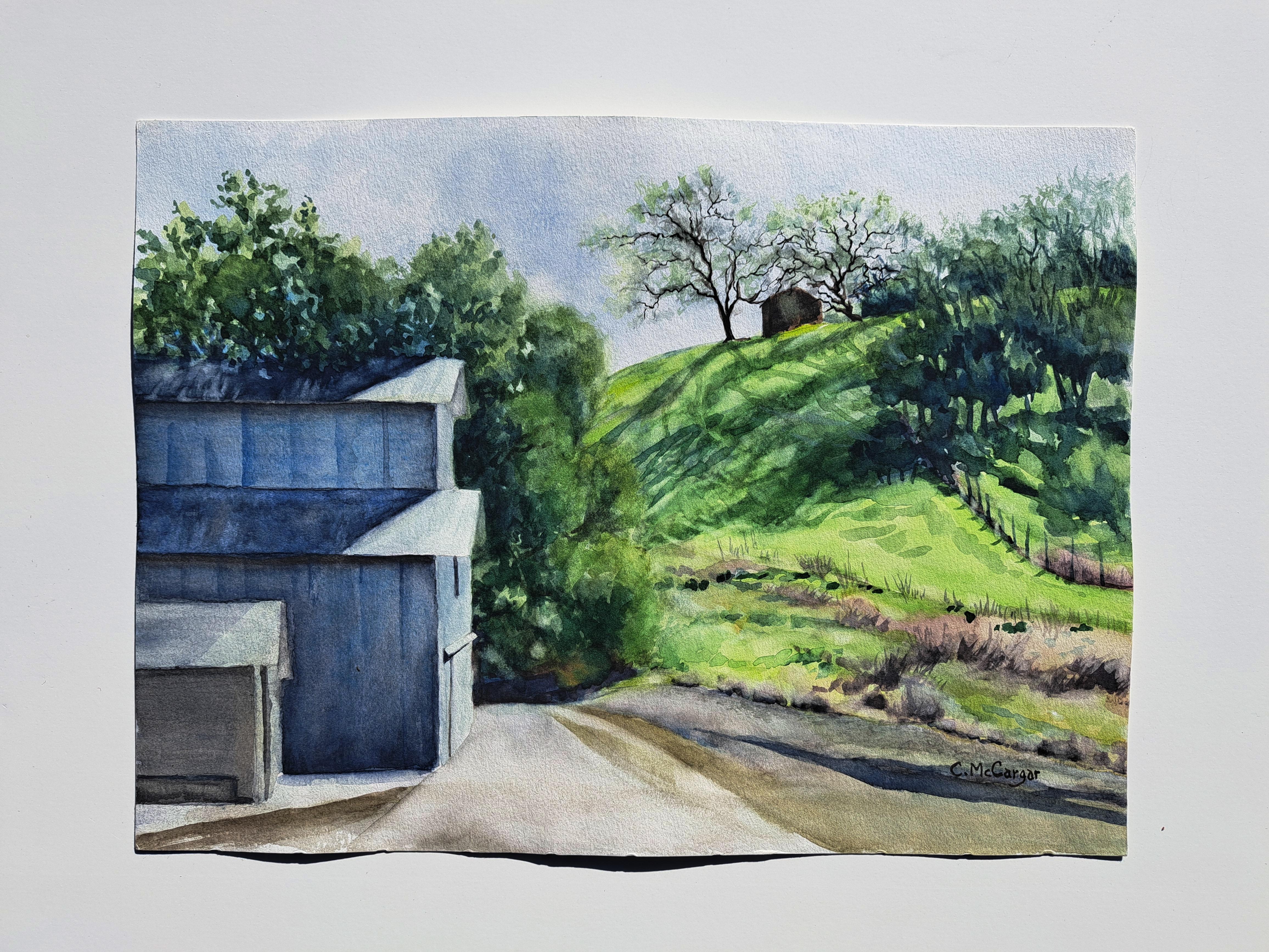 Shadowed Hill Behind the Barn, Original Painting - American Realist Art by Catherine McCargar