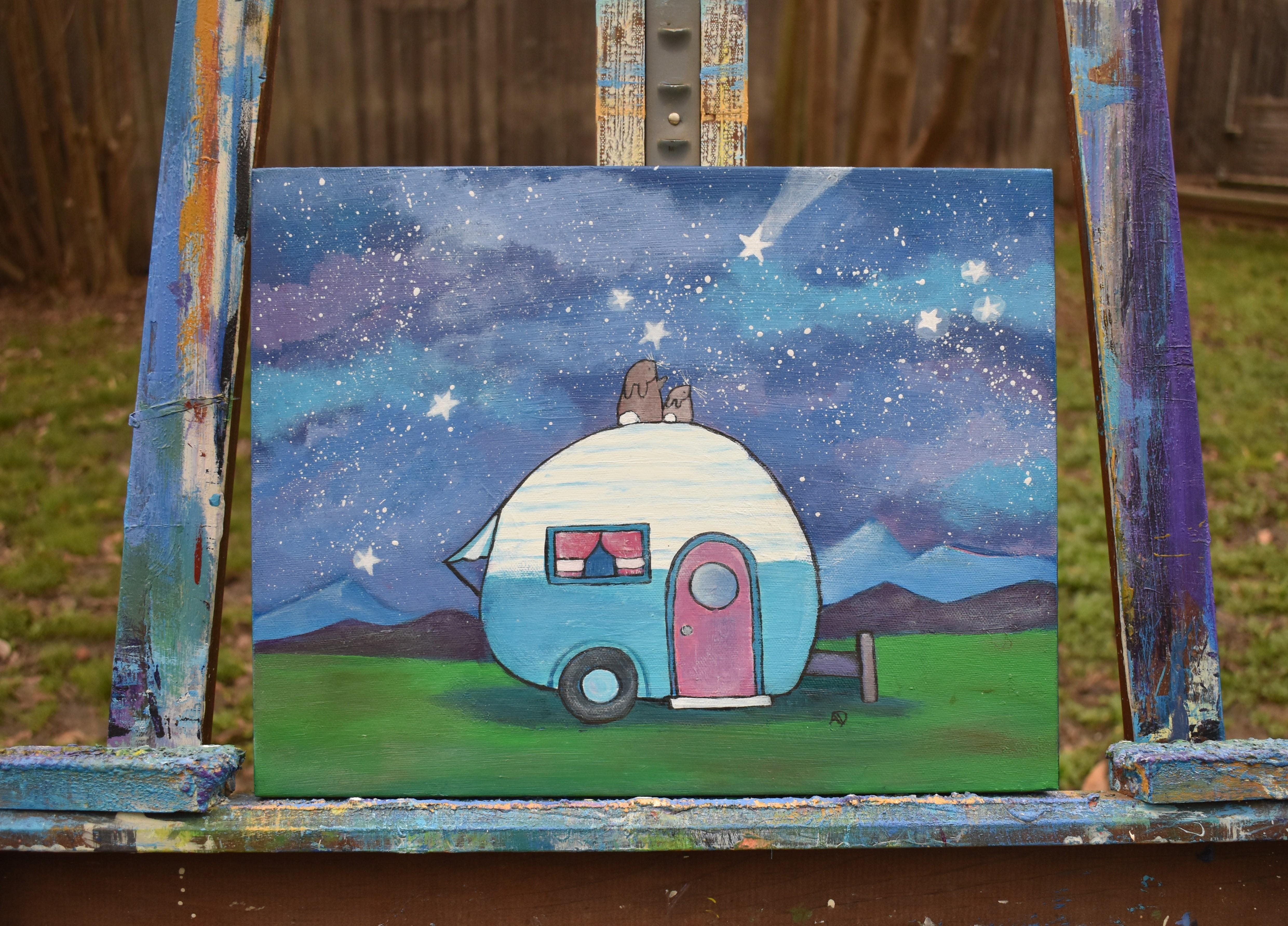<p>Artist Comments<br>Two little bunnies sit watching the sky, counting star wishes, and discussing dreams in artist Andrea Doss's whimsical piece. They find solace in the middle of nowhere, where everything is lit up with stars. The charming