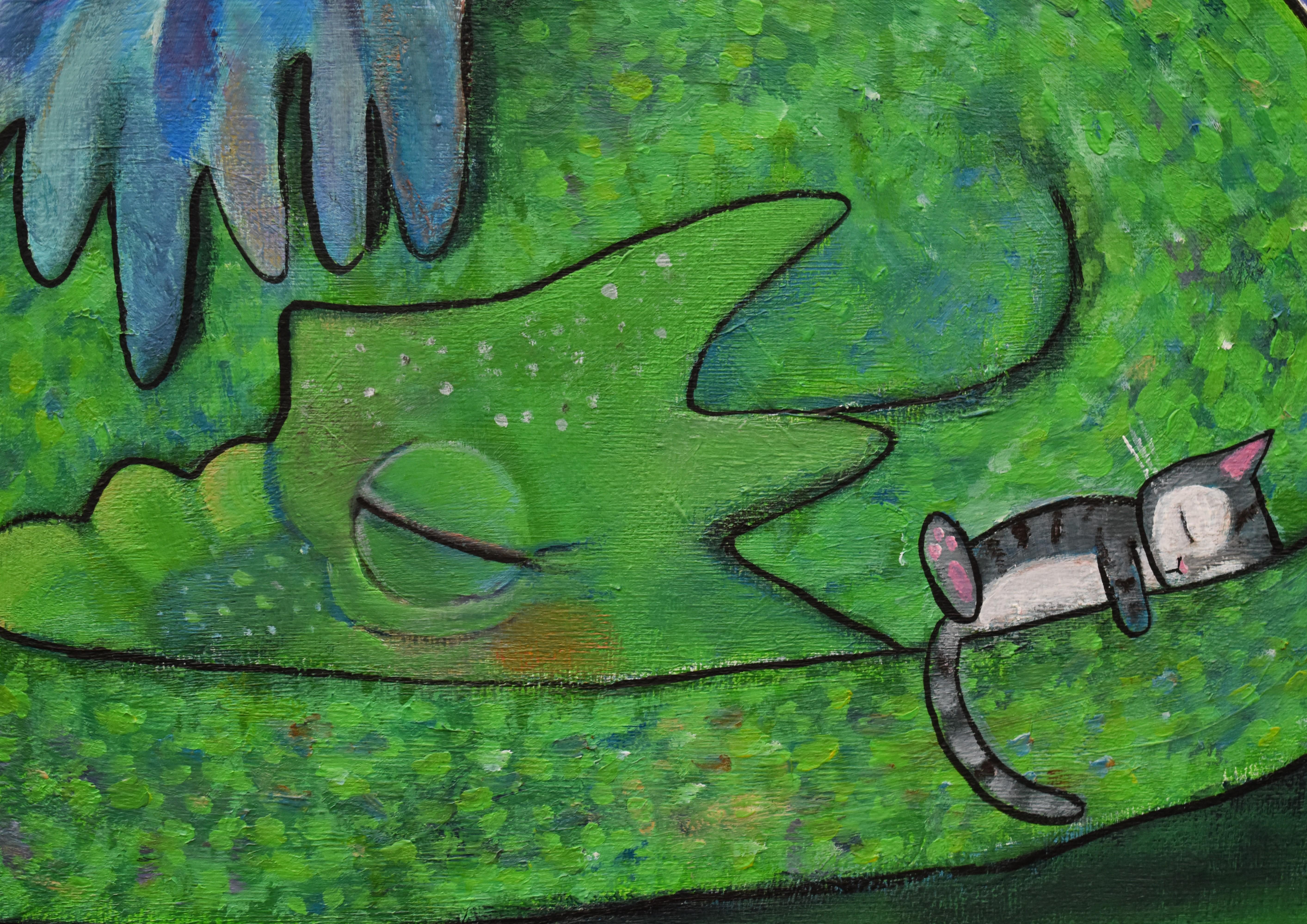 <p>Artist Comments<br>Artist Andrea Doss presents a playful image of a green dragon dozing off with its two feline friends. 