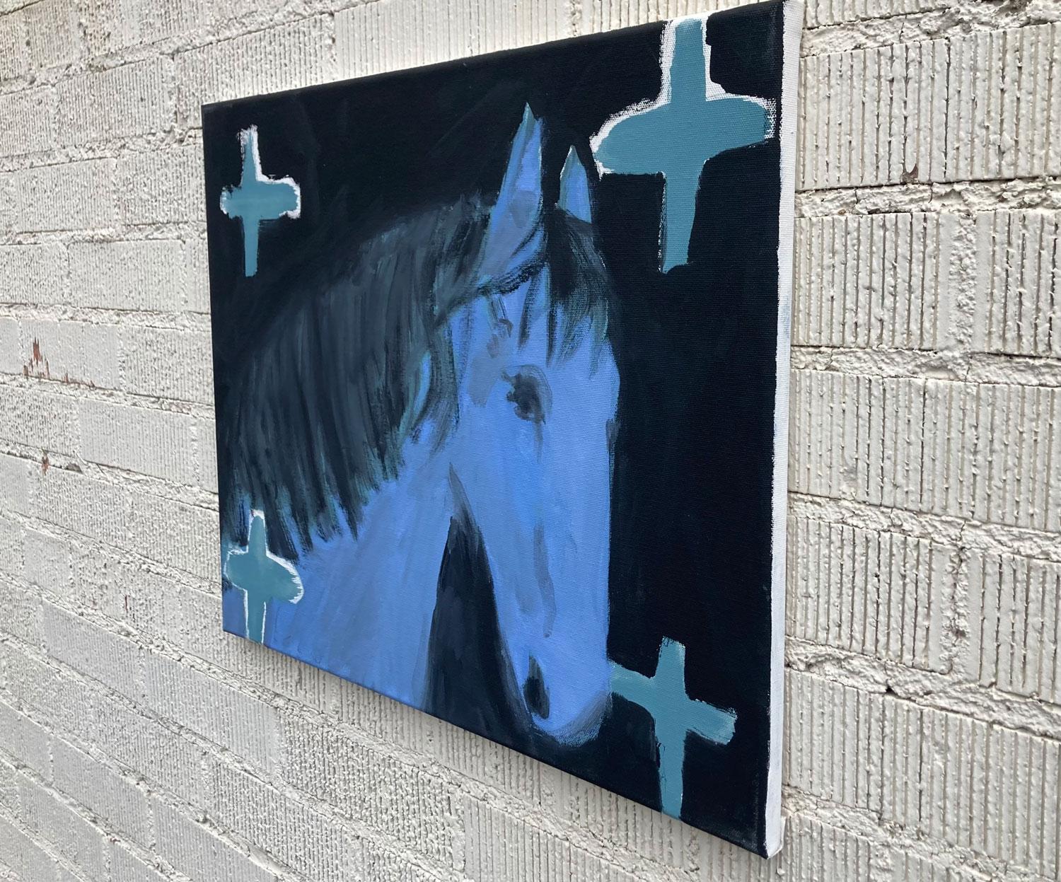 Blue Horse with Crosses, Original Painting - Abstract Expressionist Art by Nick Bontorno