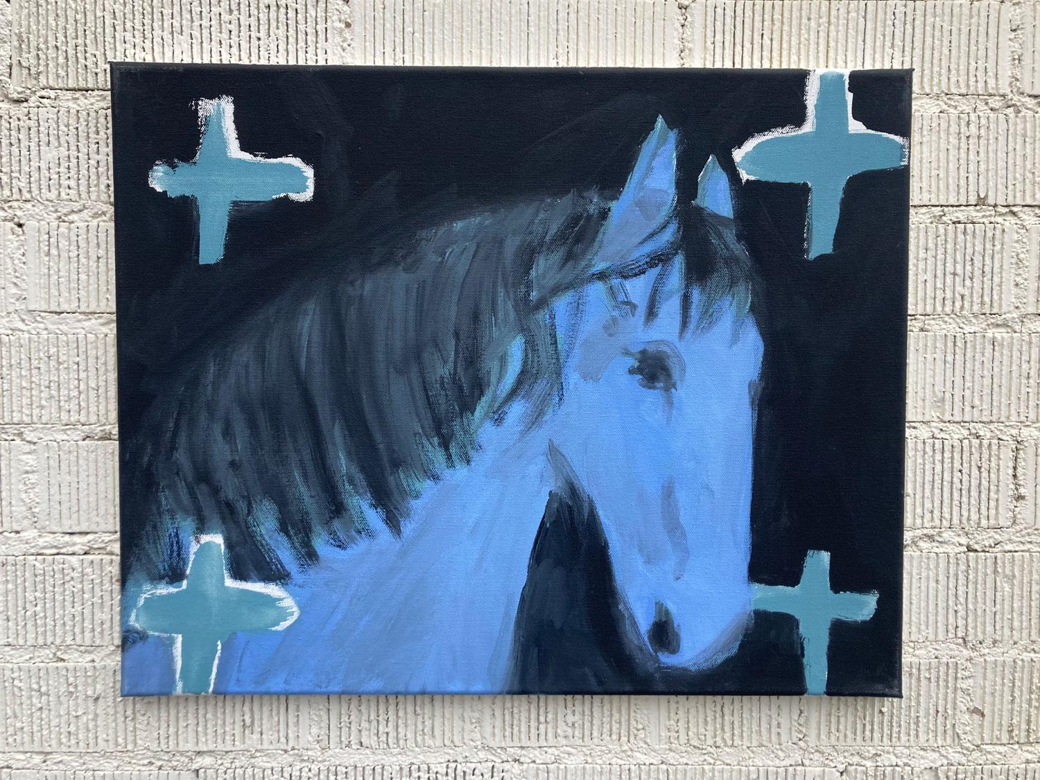 <p>Artist Comments<br>Artist Nick Bontorno exhibits a portrait of a blue horse. Spanish crosses frame its head in the corners of the image. Nick charmingly employs the fundamentals of primitivism with his unique touch. He focuses on how the piece