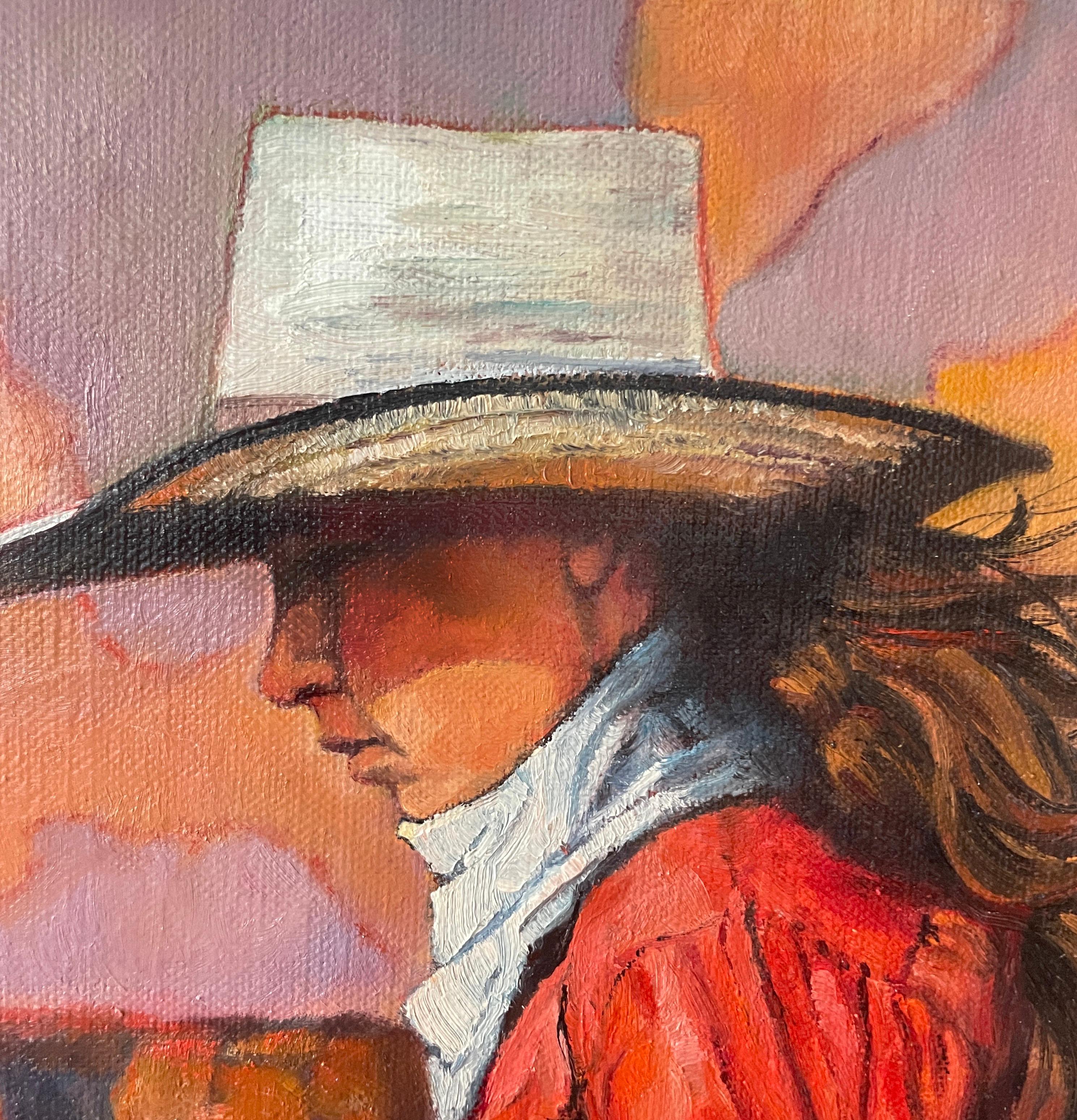<p>Artist Comments<br>Artist Jan Fontecchio Perley paints a portrait of a young cowgirl riding horseback. Her shadowed profile reveals a look of steadfast determination. Jan depicts a familiar scene growing up in the west. 