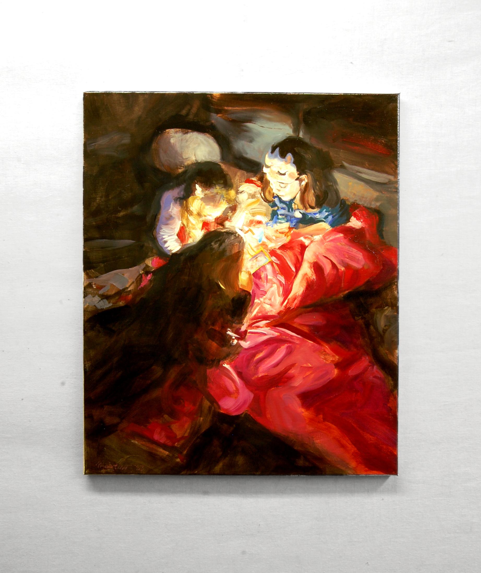 <p>Commentaires de l'artiste<br>L'artiste Onelio Marrero montre la magie de trois jeunes filles préadolescentes réunies autour d'une lampe de poche lors d'une récente soirée pyjama. Il capture ce moment attachant dans la maison de sa petite-fille