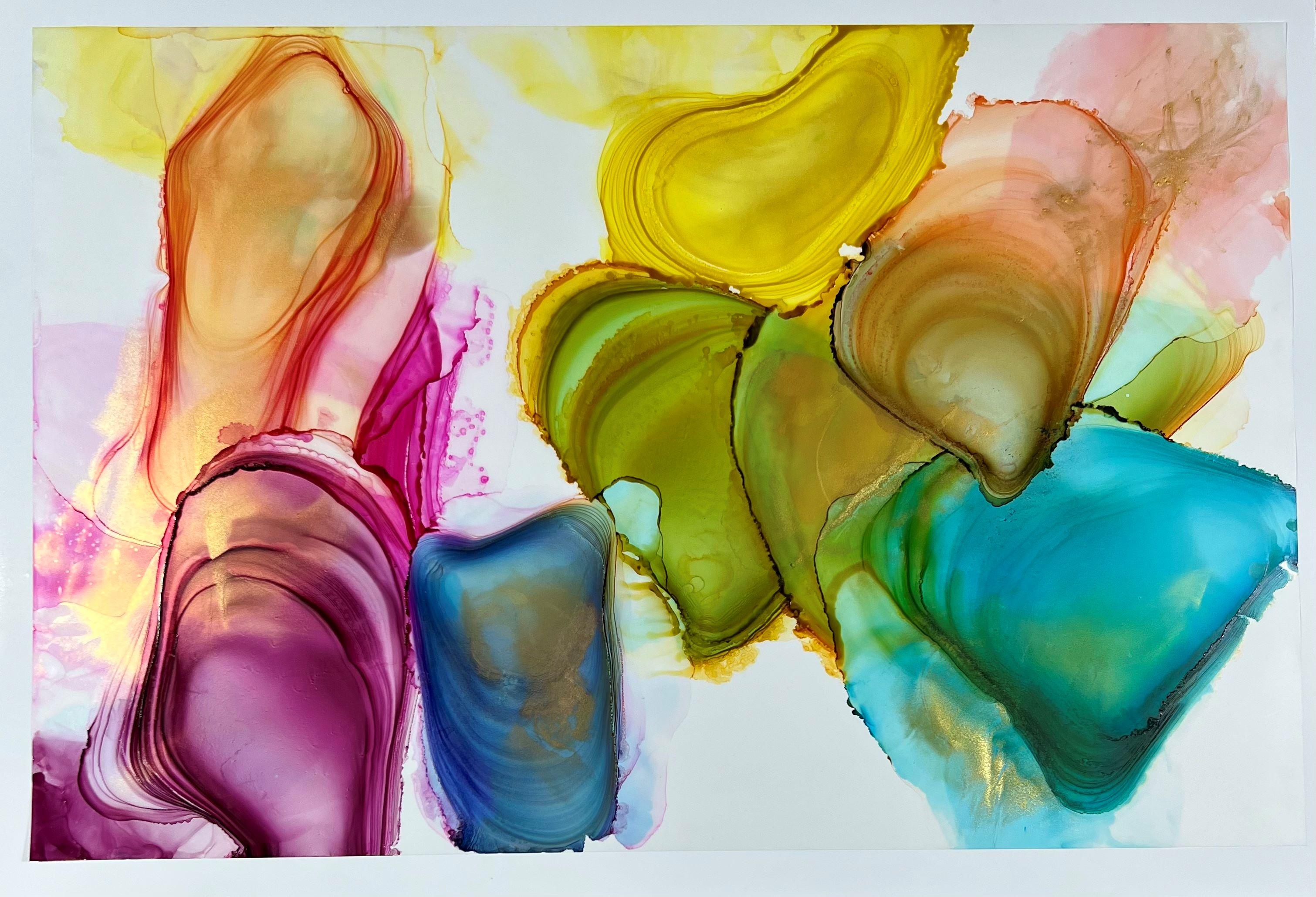<p>Artist Comments<br>Luminous, vibrant gems take center stage in this dazzling abstract by artist Eric Wilson. Fluid layers of alcohol ink cascade in a dynamic display of color, with each hue radiating toward the other. The energy from the painting