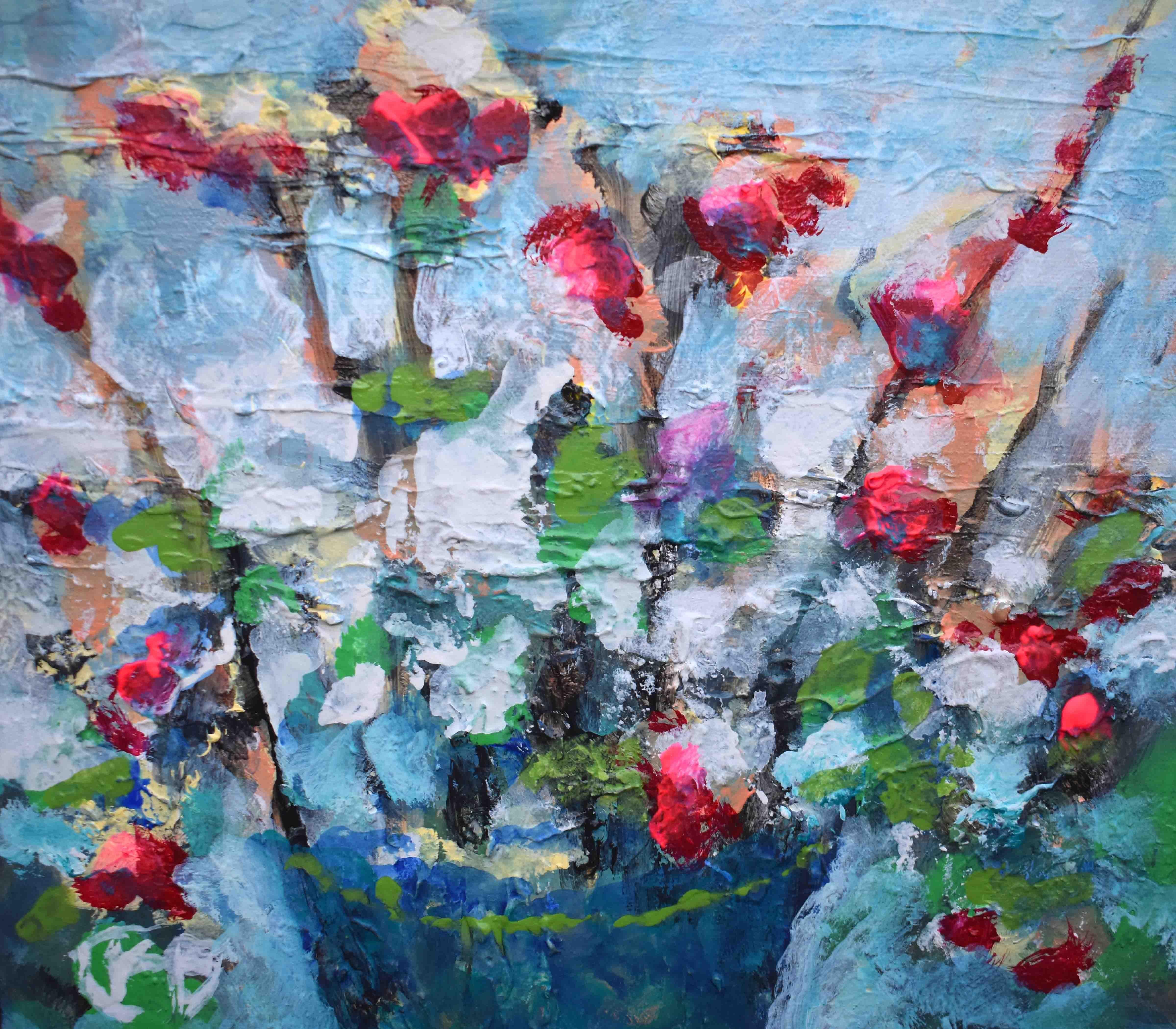 <p>Commentaires de l'artiste<br>L'artiste Kip Decker présente une expression florale légèrement texturée dans un équilibre de tons clairs et sourds. Il peint des fleurs florissantes d'un rouge éclatant qui contraste avec les teintes plus douces. 