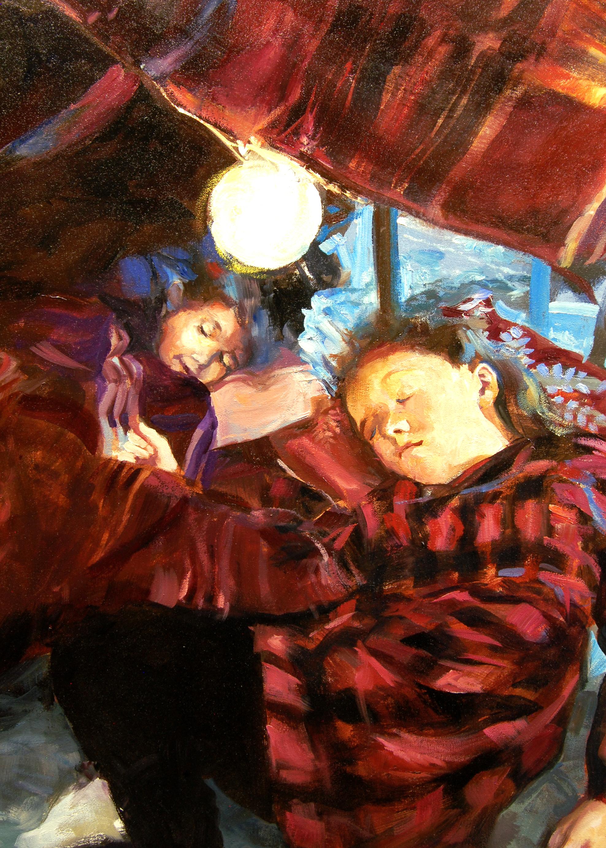 Sous la table et en train de rêver, peinture à l'huile en vente 1