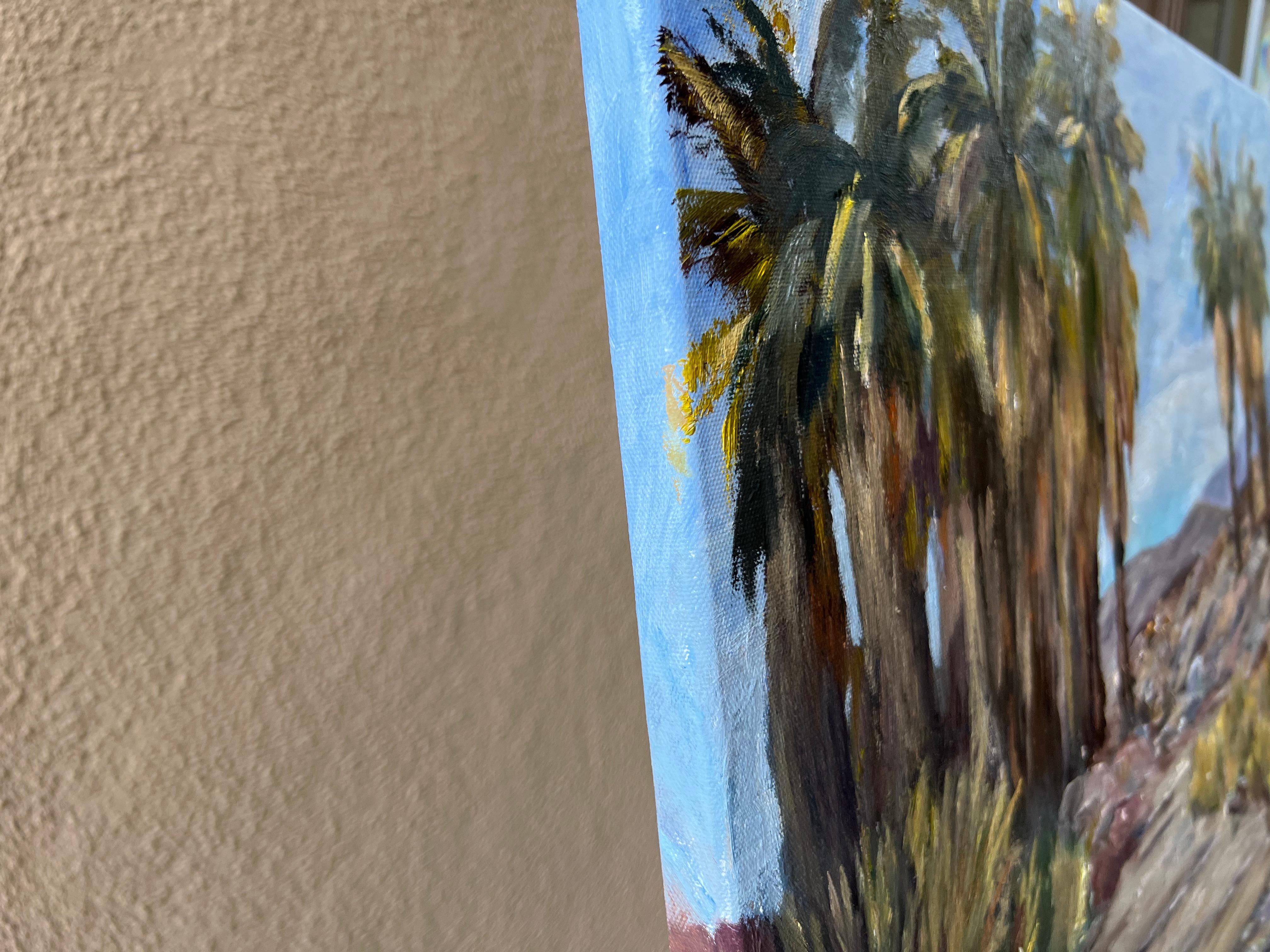 <p>Artist Comments<br>Artist Marilyn Froggatt shares a view of a desert scape with the Santa Rosa mountains in the background. Rock formations and palm trees open a hiking trail toward the sweltering valley. Marilyn paints the piece on location from