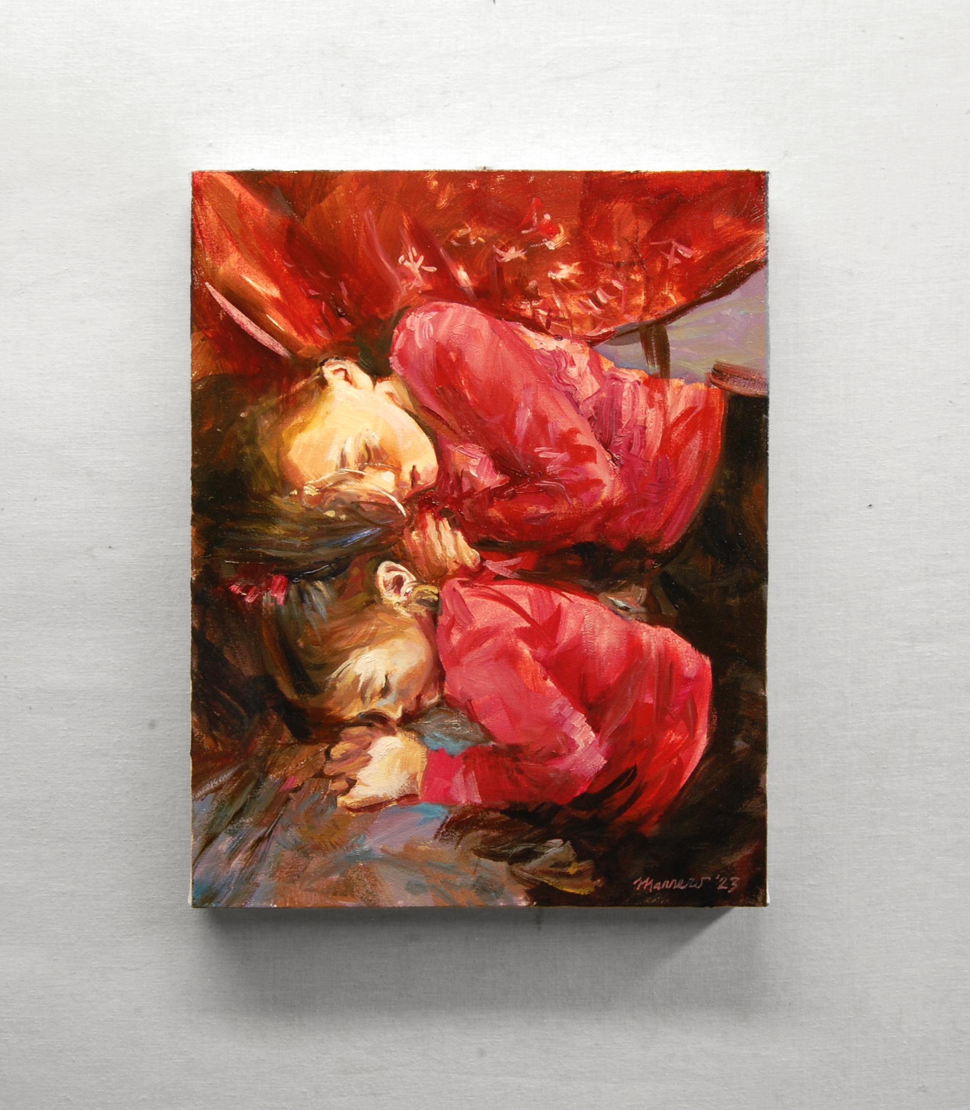<p>Artist Comments<br>Two young girls in red go daydreaming in artist Onelio Marrero's heartwarming portrait. He features his two granddaughters curled up in deep slumber. The reds and star patterns of the cloth reflect a hint of their dreams.