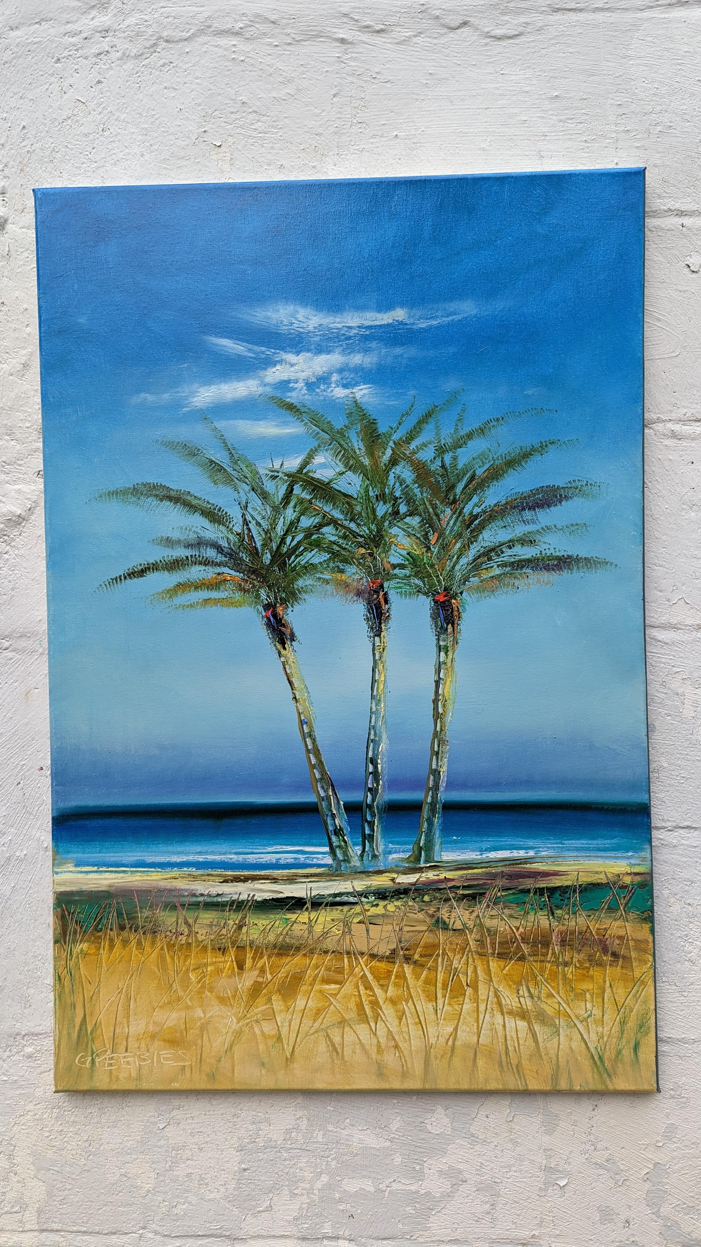 <p>Artist Comments<br>Artist George Peebles displays beautiful palms in a quiet place along the beach. He paints with an impressionistic approach, carefully portraying light and its changing qualities on air, sea, and land. The bold colors of the
