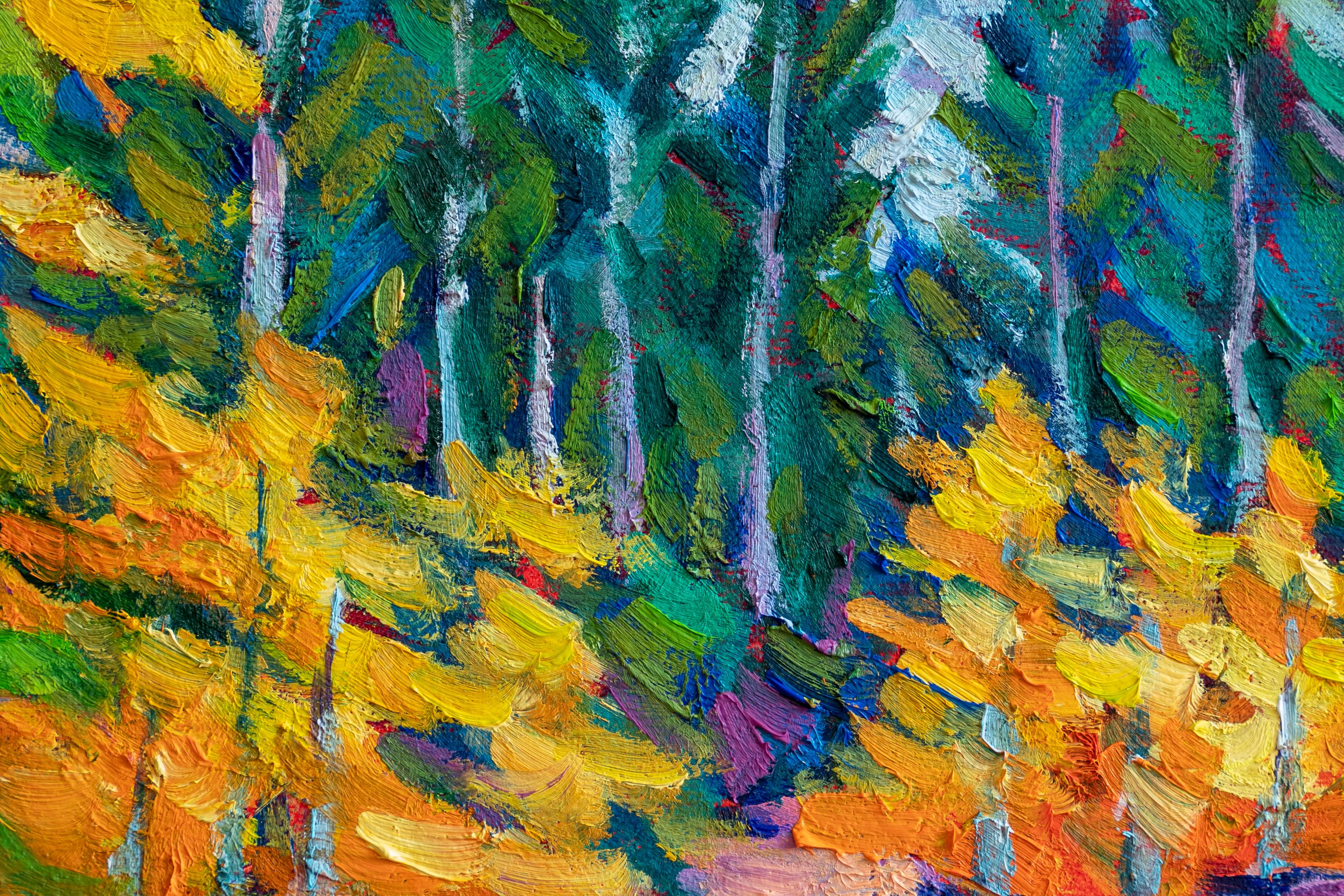 <p>Kommentare des Künstlers<br>Der Künstler Tao Bai malt einen ruhigen Bach, der sich langsam seinen Weg durch Felsen und Geröll bahnt. Die Baumreihen auf beiden Seiten färben sich in goldene Farbtöne und kündigen so den Herbst an. Die Sonne scheint