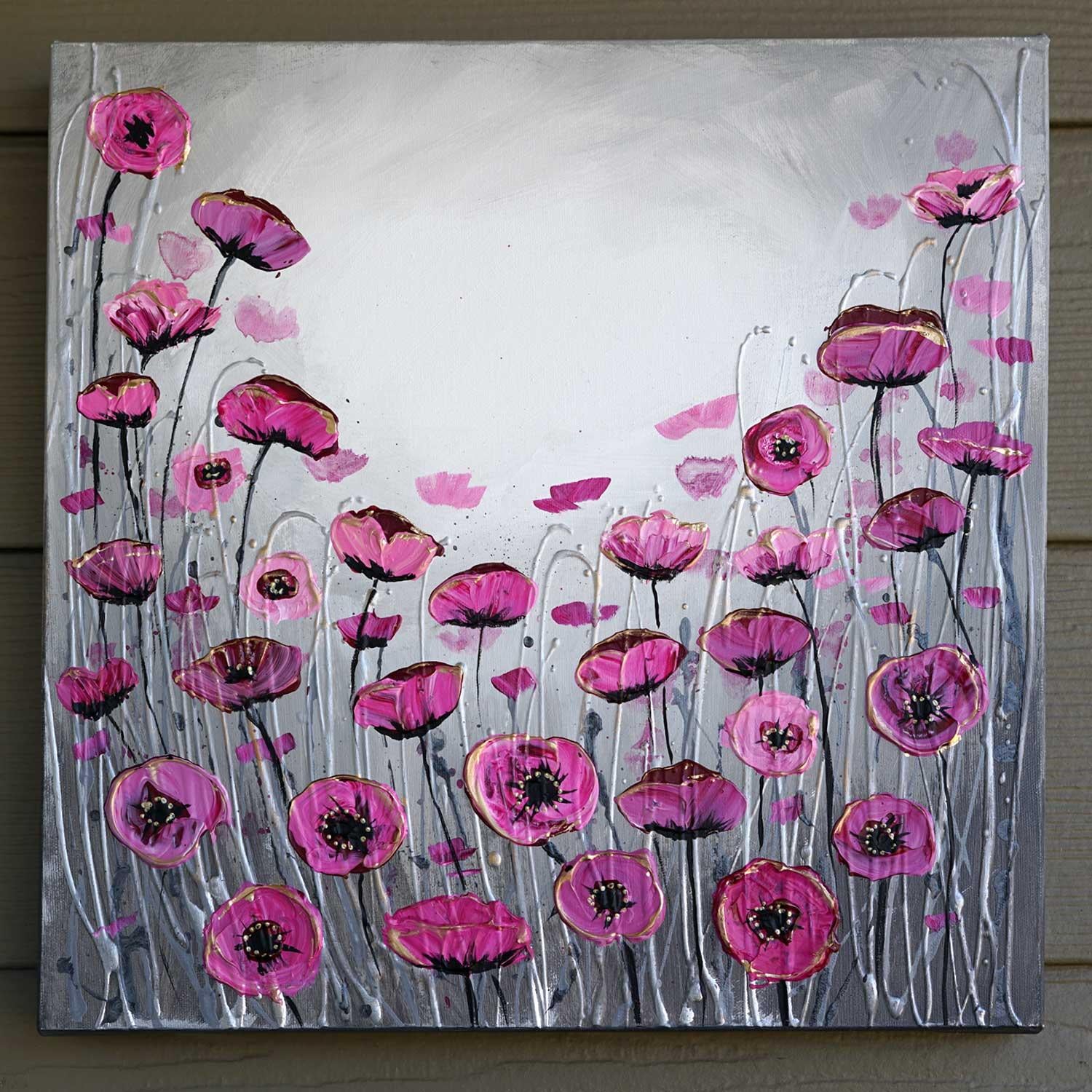 <p>Artist Comments<br>Artist Amanda Dagg pictures pink poppies dancing in the silver grasses. The delicate winter blooms pop elegantly from the background. Amanda creates the piece with dynamic textured accents, creating a lush quality. 
