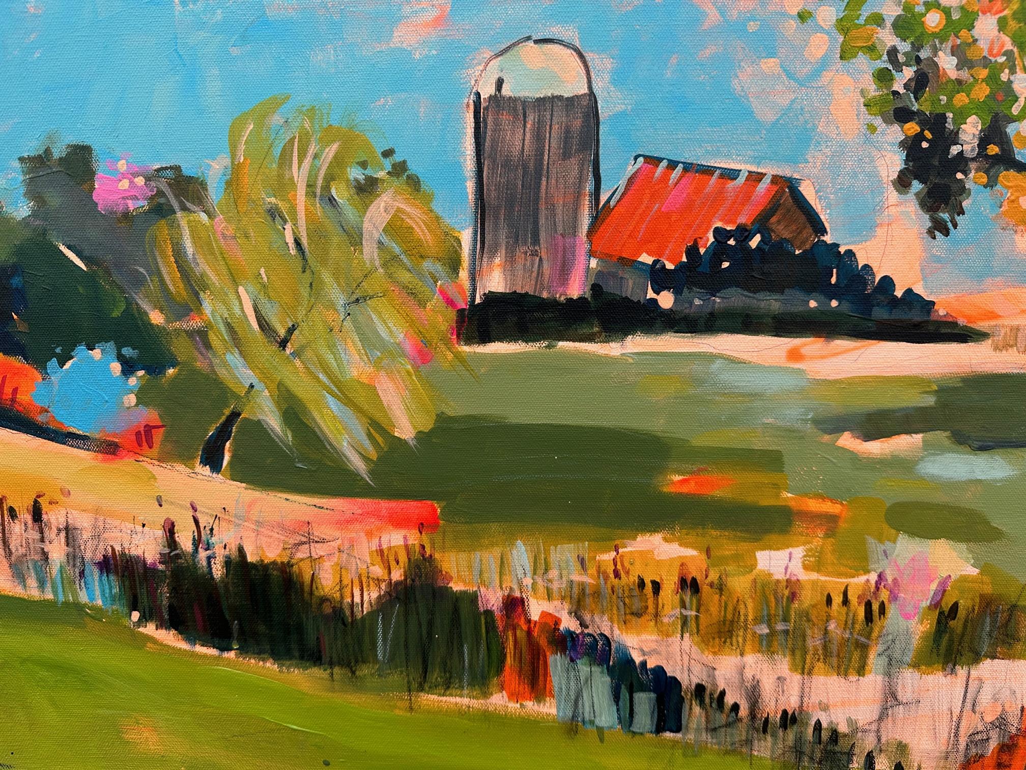 Summertime Rural Farm, Original Painting - Abstract Expressionist Art by Rebecca Klementovich
