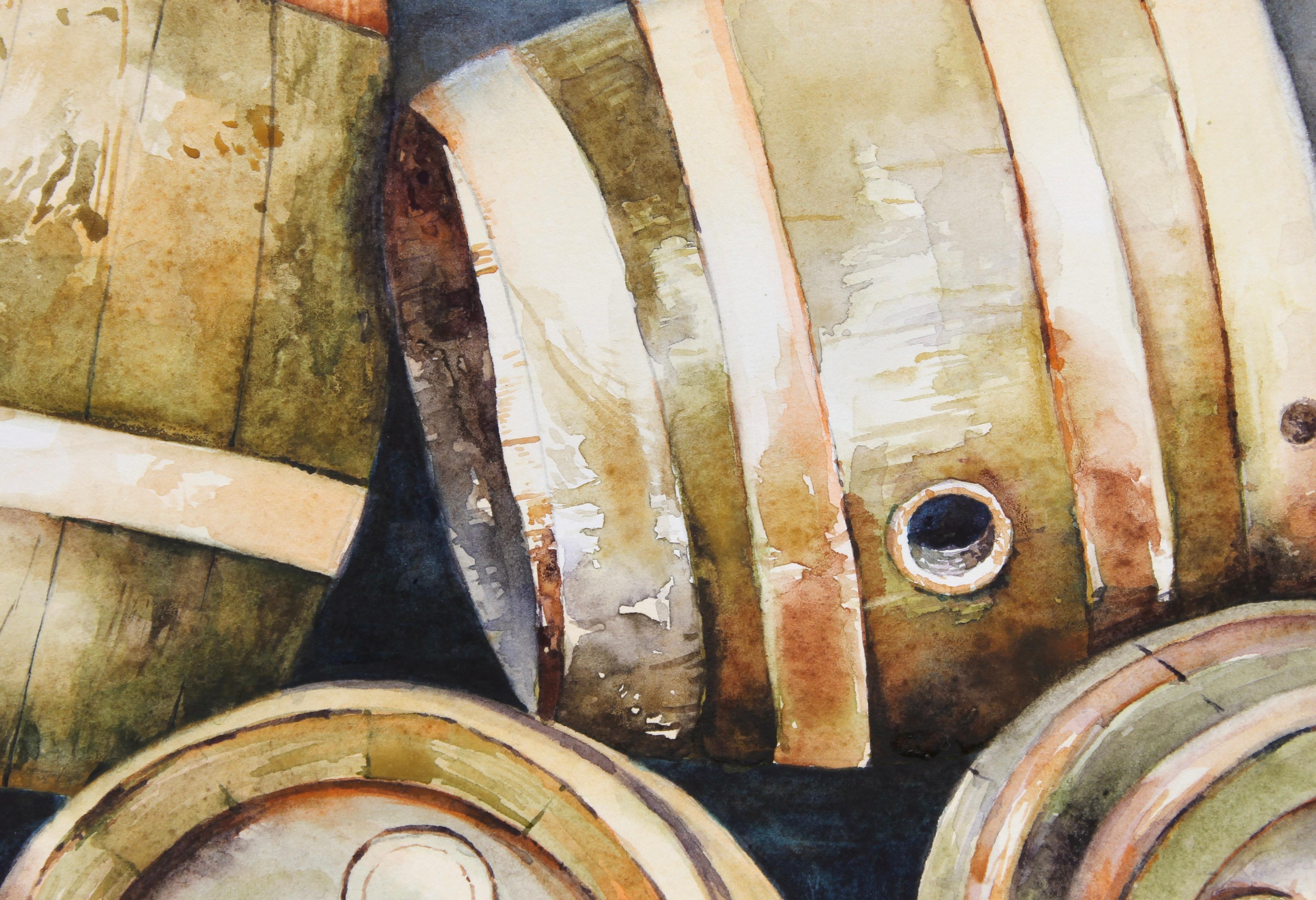 <p>Kommentare des Künstlers<br>Der Künstler Dwight Smith malt ein Stillleben mit einer Blumenvase, die auf einem Haufen von Fässern steht. Eine Ansammlung von Weinfässern in warmen Farbtönen stapelt sich vor einem kontrastierenden, gealterten