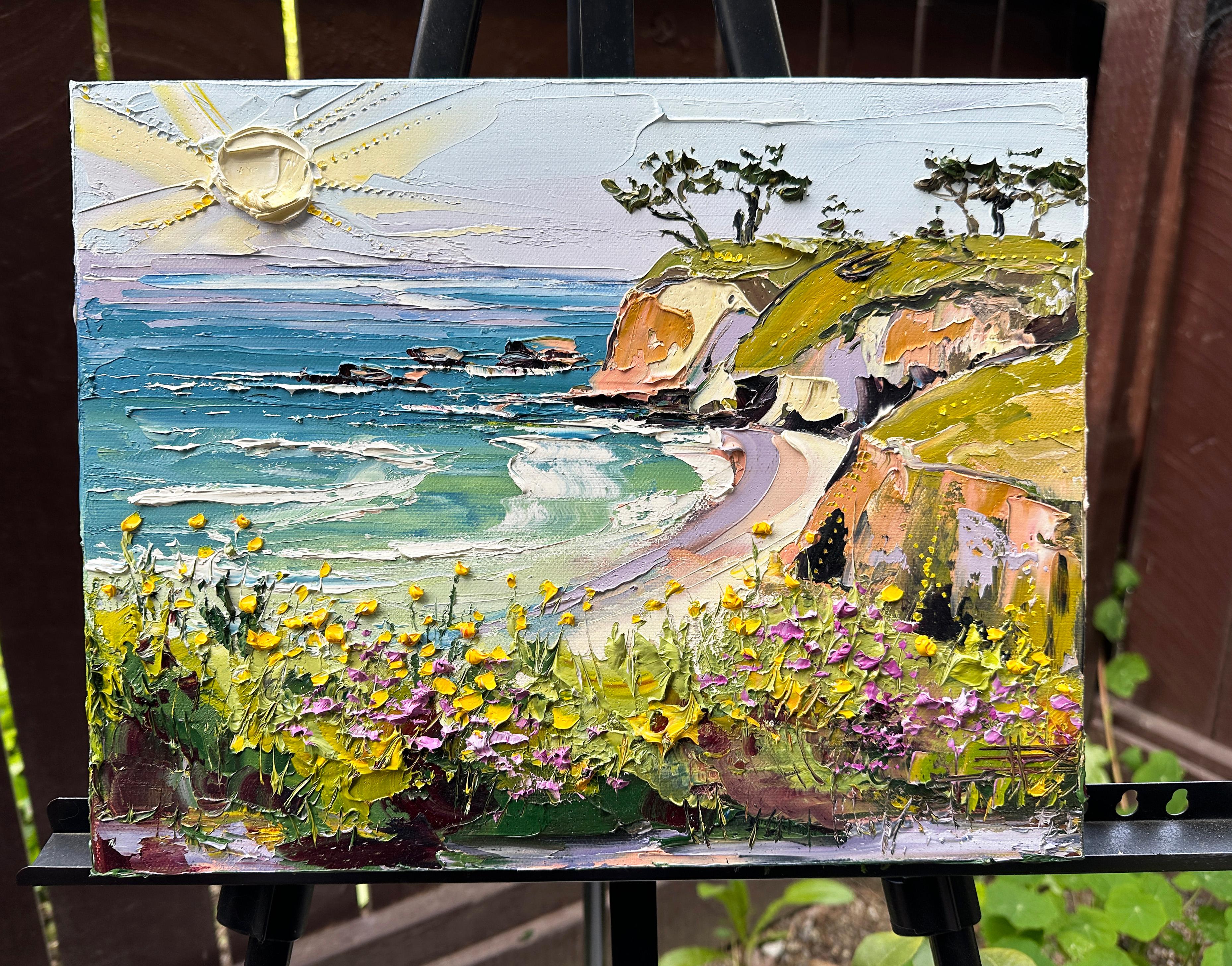 <p>Artist Comments<br>Artist Lisa Elley paints a sweeping view of an impressionist seascape in bright and summery colors. She paints this charming coastal piece en plein air at Davenport Beach in California. 