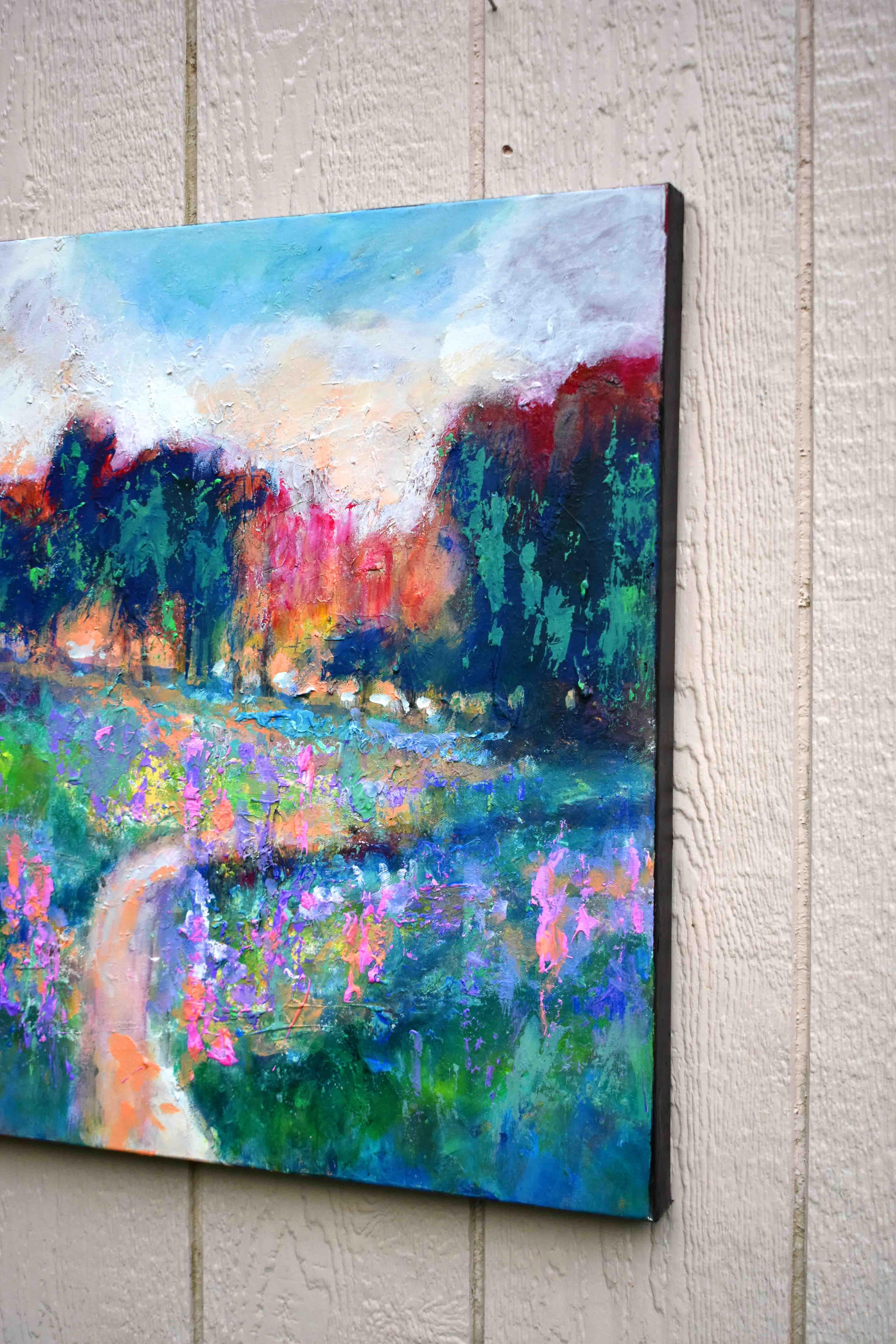 <p>Artist Comments<br>Artist Kip Decker creates a captivating expressionist landscape. A small winding road climbs up a field full of colorful flowers toward a stand of trees. Vibrant pops of lavender and carnation emerge from the verdant meadow.