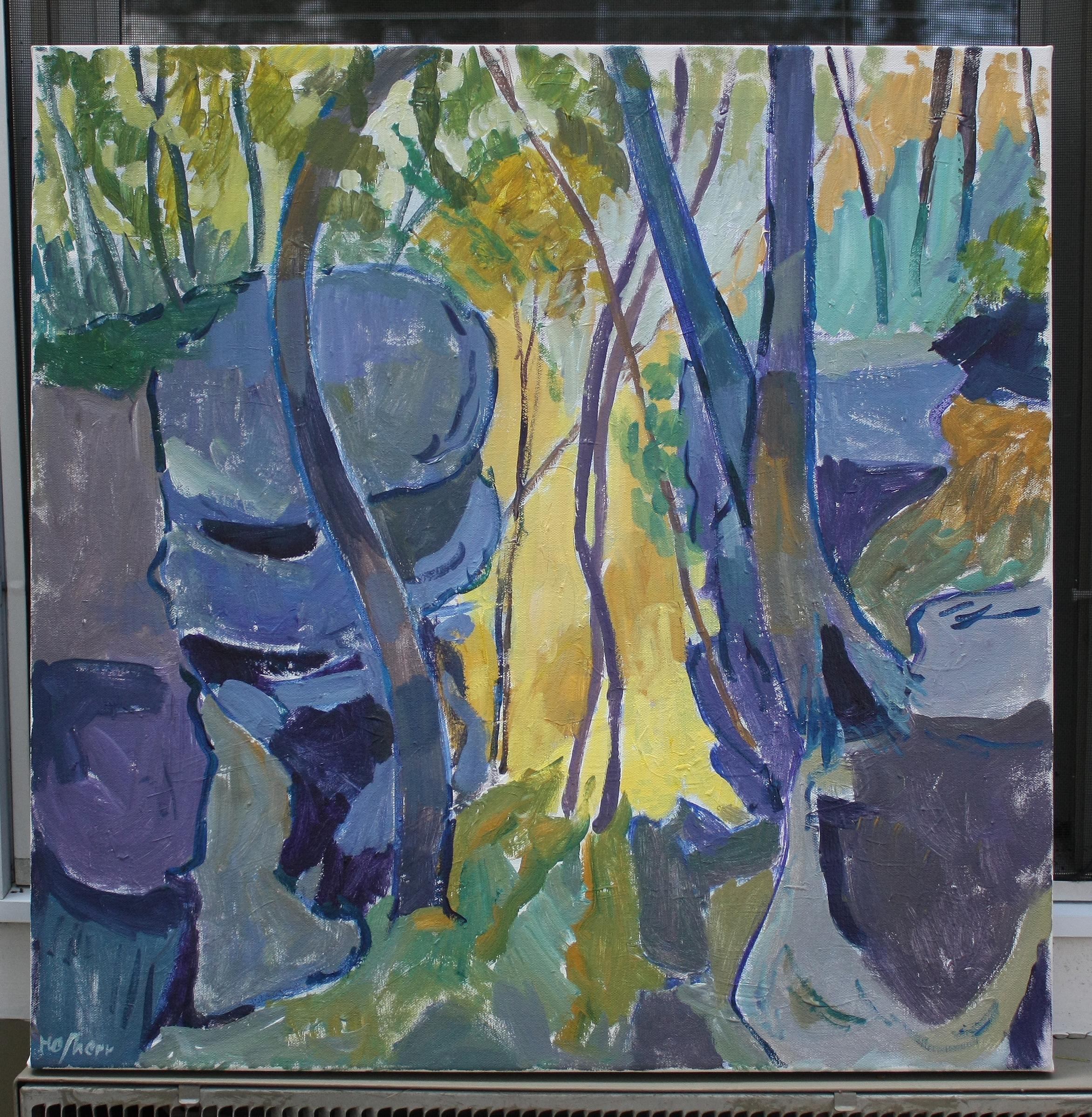 <p>Artist Comments<br>Artist Robert Hofherr shares an expressionist view of rocky outcrops in the forest. Bold color, energetic paint application, and a simplified drawing style help put a Fauvist spin on the piece. The lack of red or orange in the