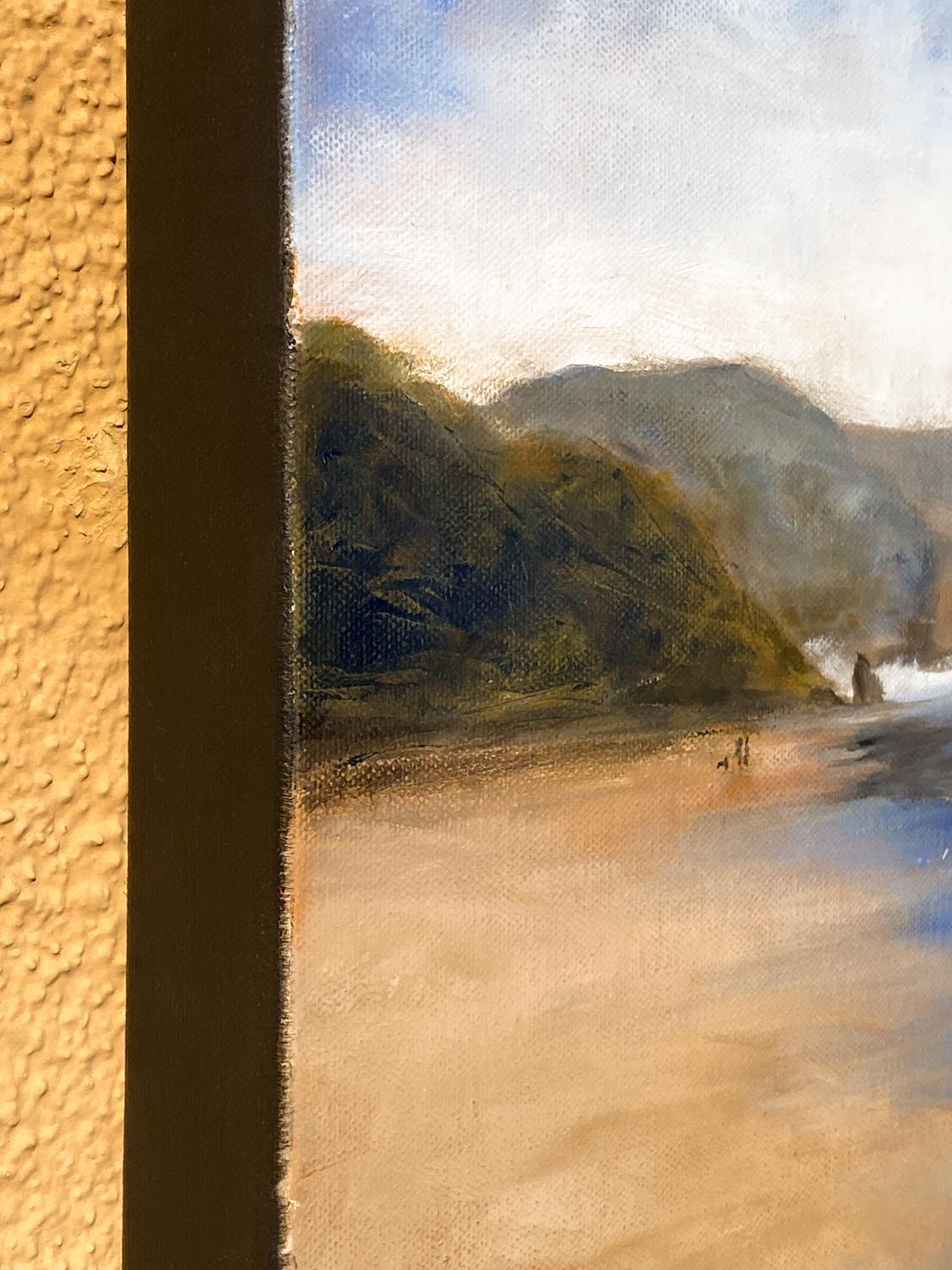 <p>Artist Comments<br>Artist Mandy Main depicts a sunny seascape with a diagonal beach line and coastal mountains receding into the distance. Ethereal clouds sweep the sky and reflect the warm-toned sand and the water below. A couple walks their dog