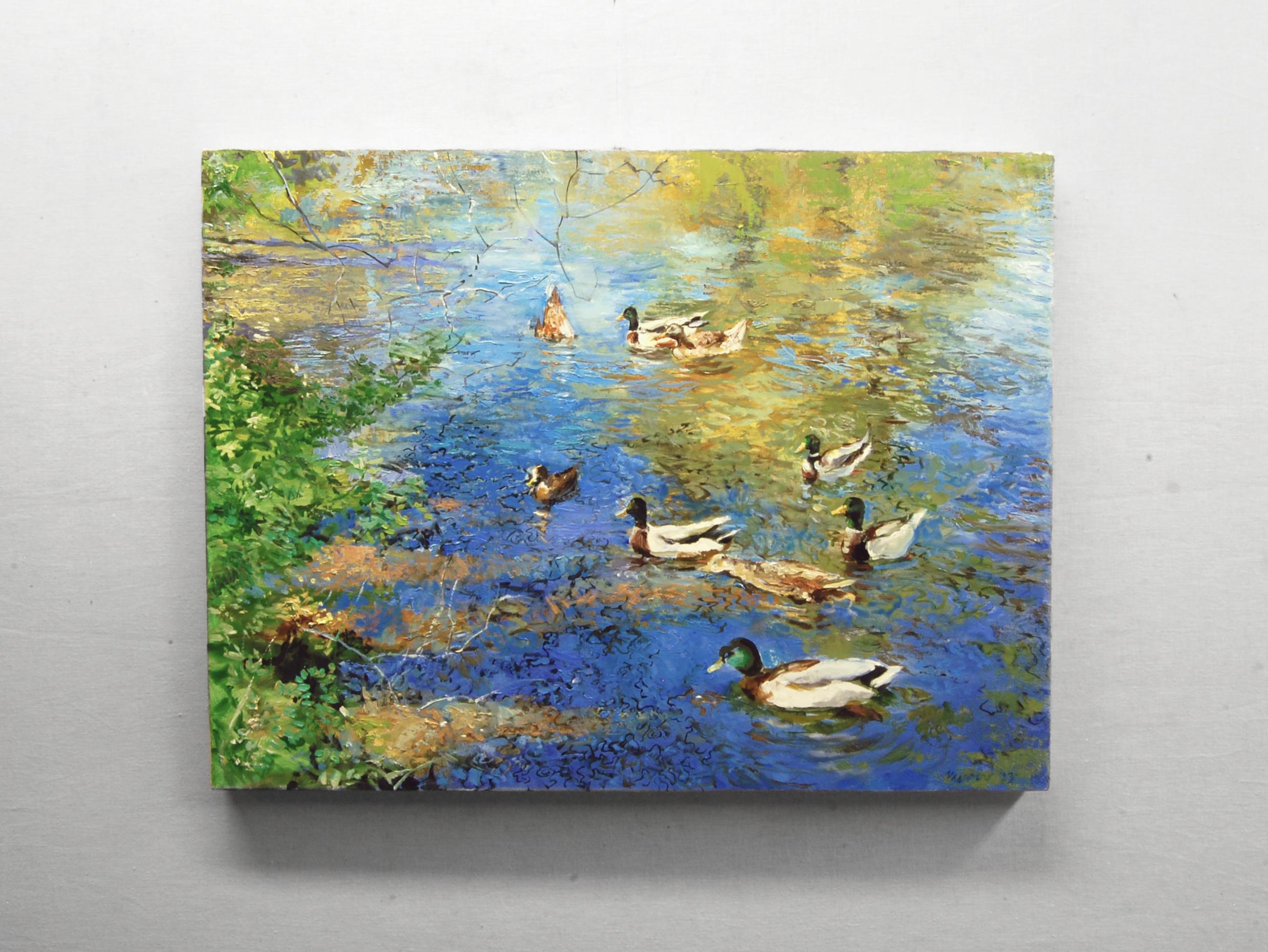 <p>Artist Comments<br>Artist Onelio Marrero pictures a flock of ducks gliding by a serene stream. 