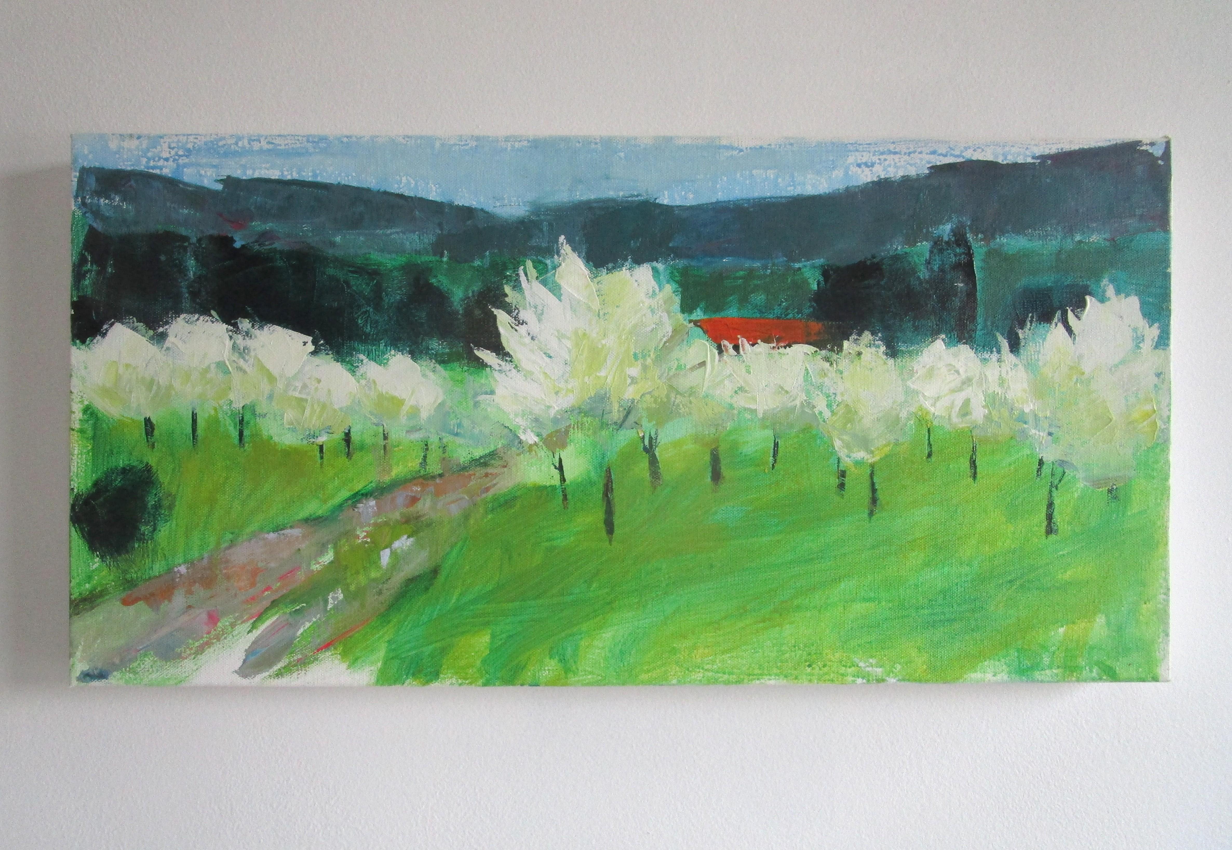 Tableau d'origine « Spring Trees, Red Roof », Provence - Impressionnisme Painting par Janet Dyer