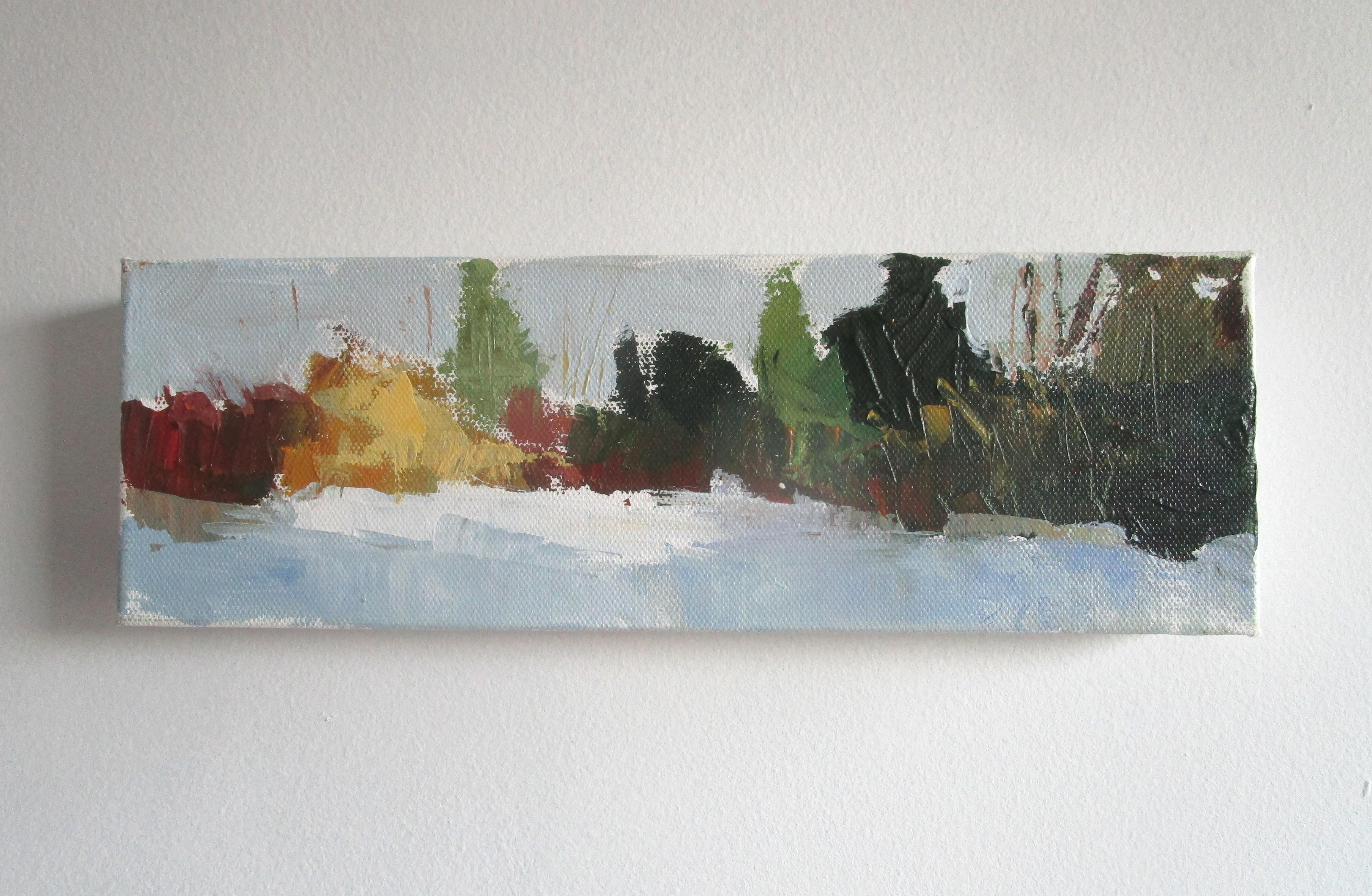 <p>Kommentare des Künstlers<br />Die Künstlerin Janet Dyer zeigt einen Baumbestand in einer Winterlandschaft. Erdtöne bilden einen Kontrast zu den weißen Laken. 