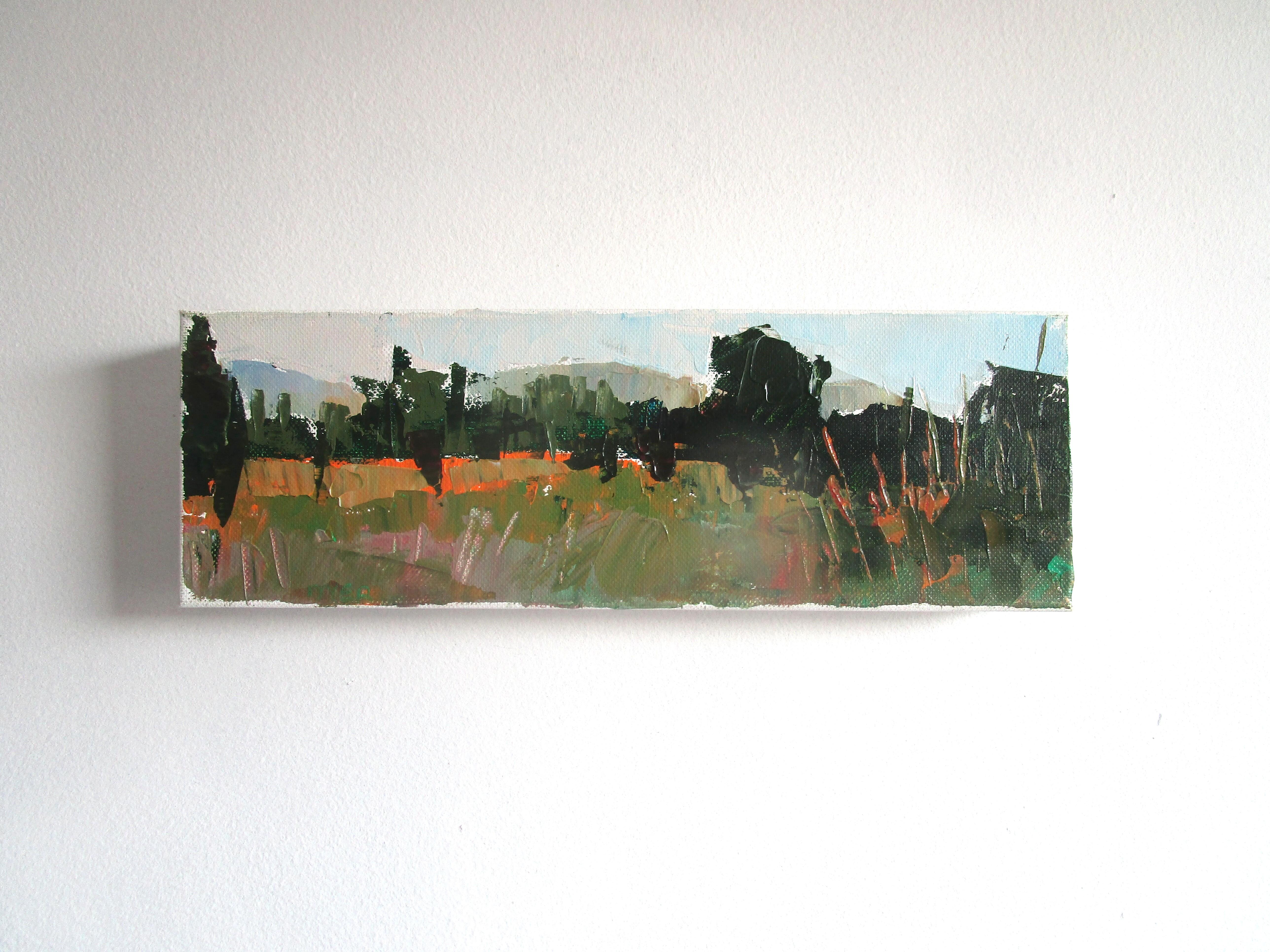 <p>Artist Comments<br />Artist Janet Dyer shows a verdant landscape in Provence near the home of her good friend. Mountains tower in the distance creating a striking panoramic view. Her abstract approach captures the energy of the image rather than