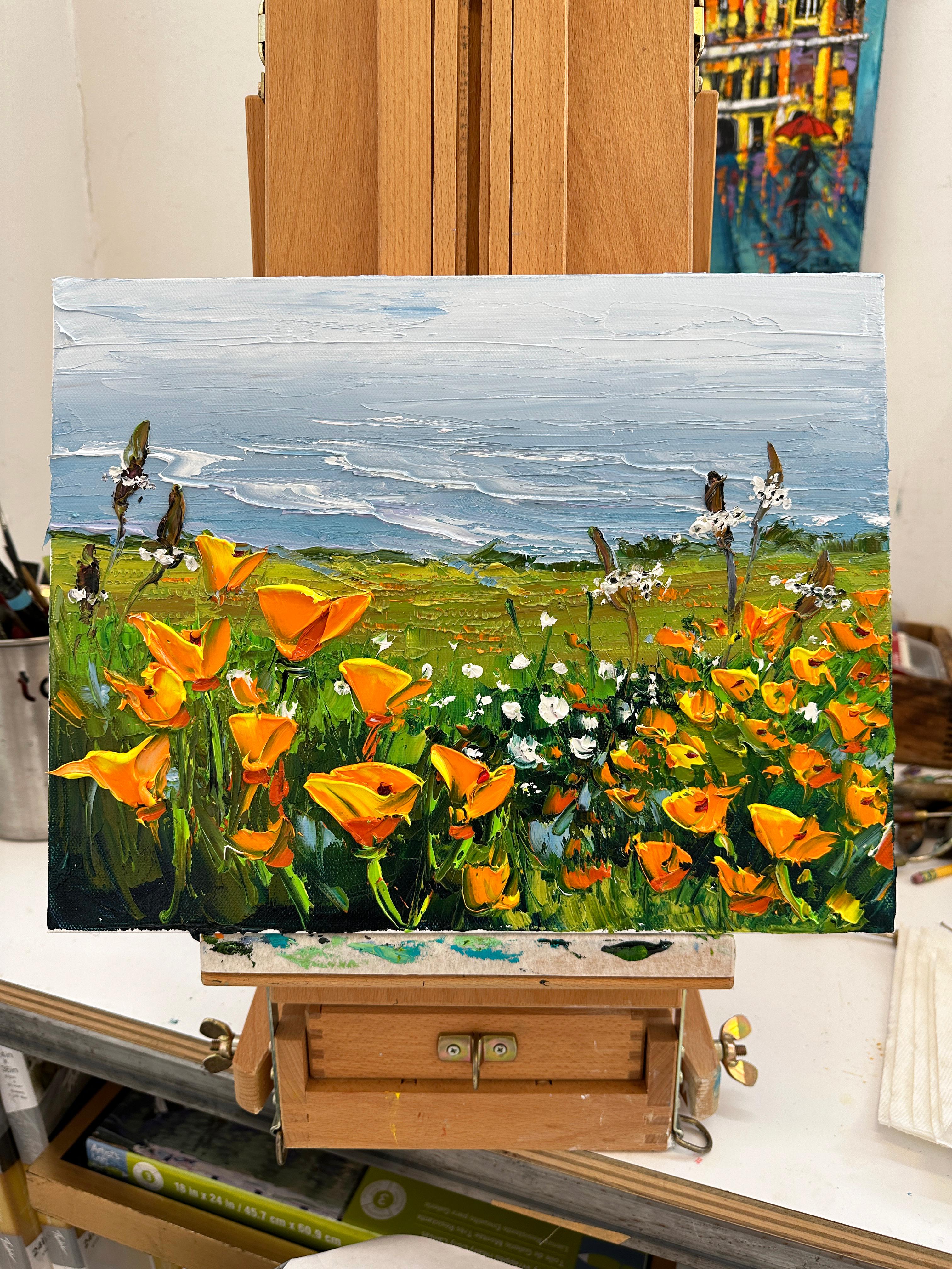 <p>Artist Comments<br>Artist Lisa Elley depicts a stunning view of California's coastal wildflowers in full bloom. She paints a stunning impressionist scene with vibrant poppies adorning the field. With bold palette knife strokes and skillful use of