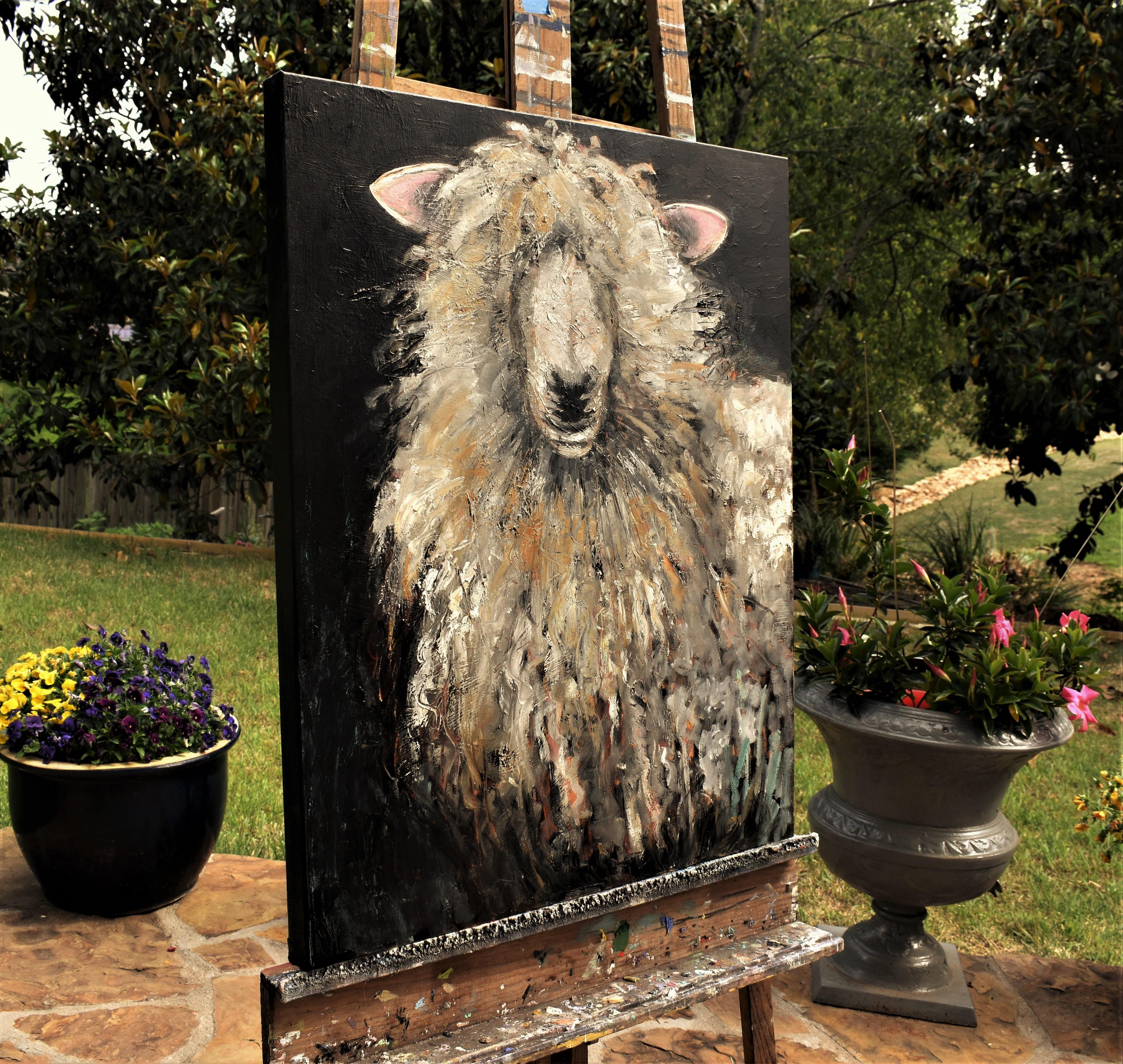 <p>Artist Comments<br>Artist Mary Pratt paints a portrait of a Cotswold sheep featuring thick, textured layers of paint. She achieves a rich tactile surface with light impasto. Bold, broad strokes emphasize the sheep's woolly fleece, celebrating the