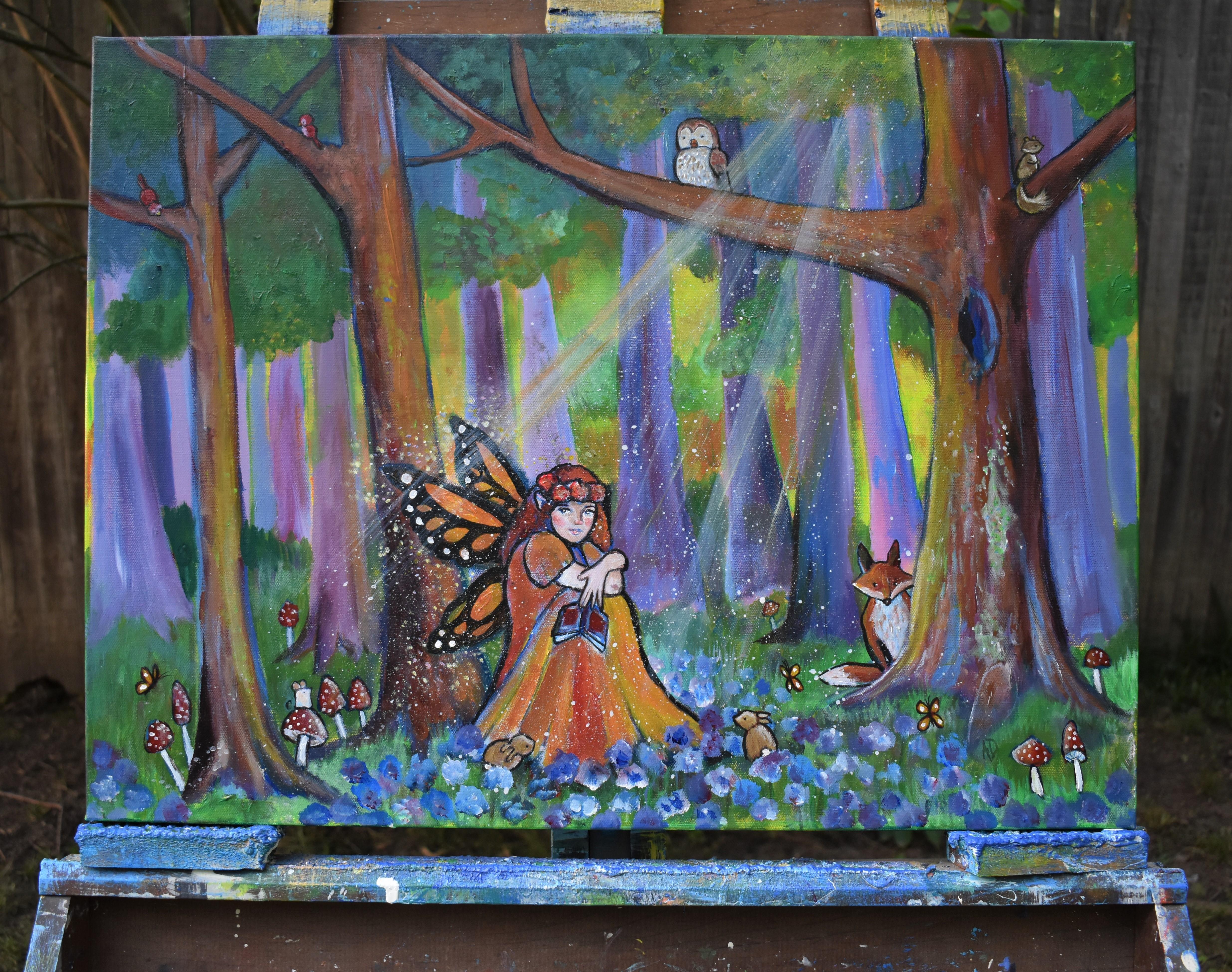 <p>Artist Comments<br>Artist Andrea Doss presents a whimsical narrative of a fairy reading a book to animals in the forest. 