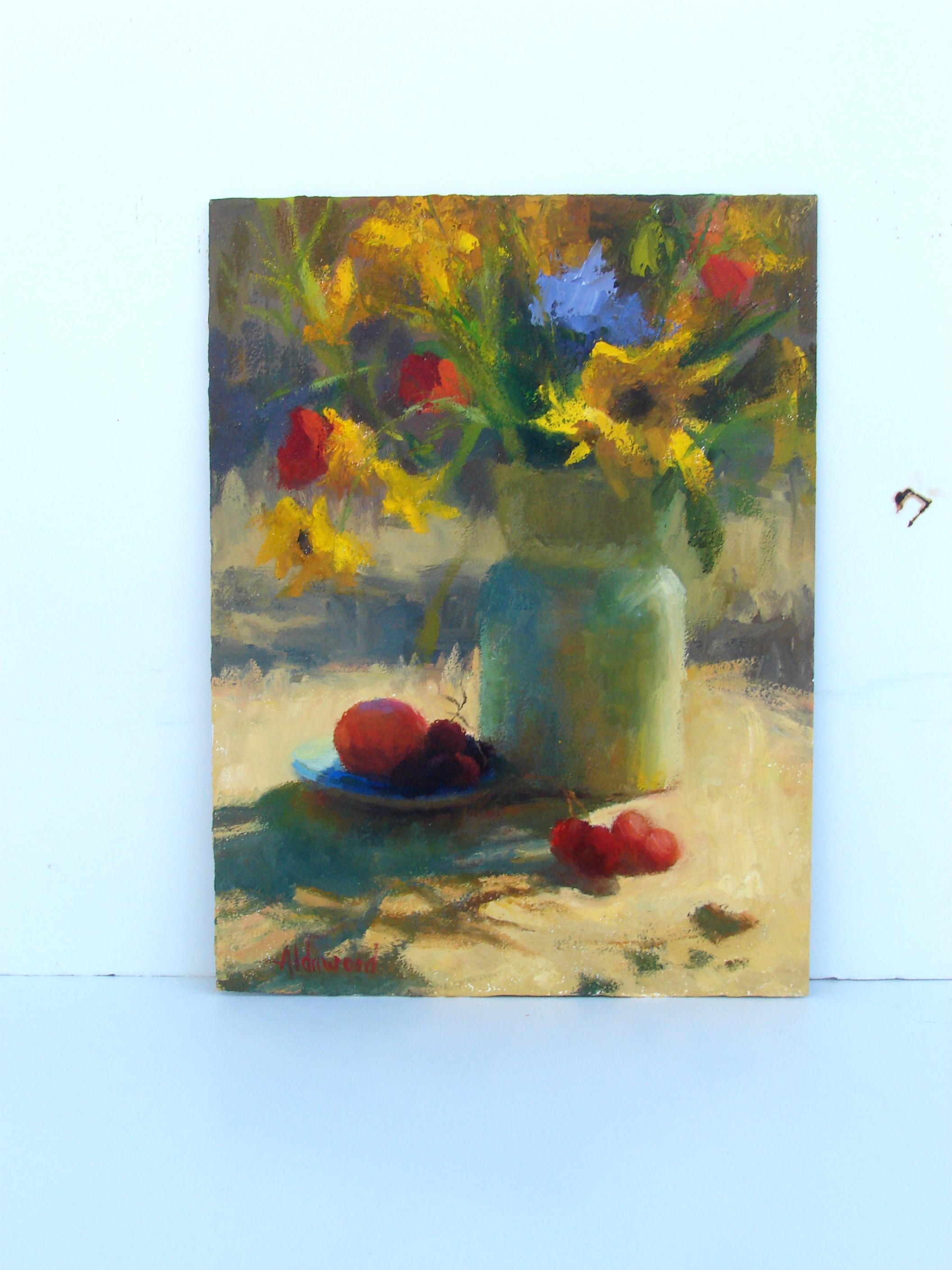 <p>Artist Comments<br>Artist Sherri Aldawood presents an impressionist still life of vibrant sunflowers and a few pickings of fruit. The subjects bask in the afternoon light, casting elongated shadows on the surface. 
