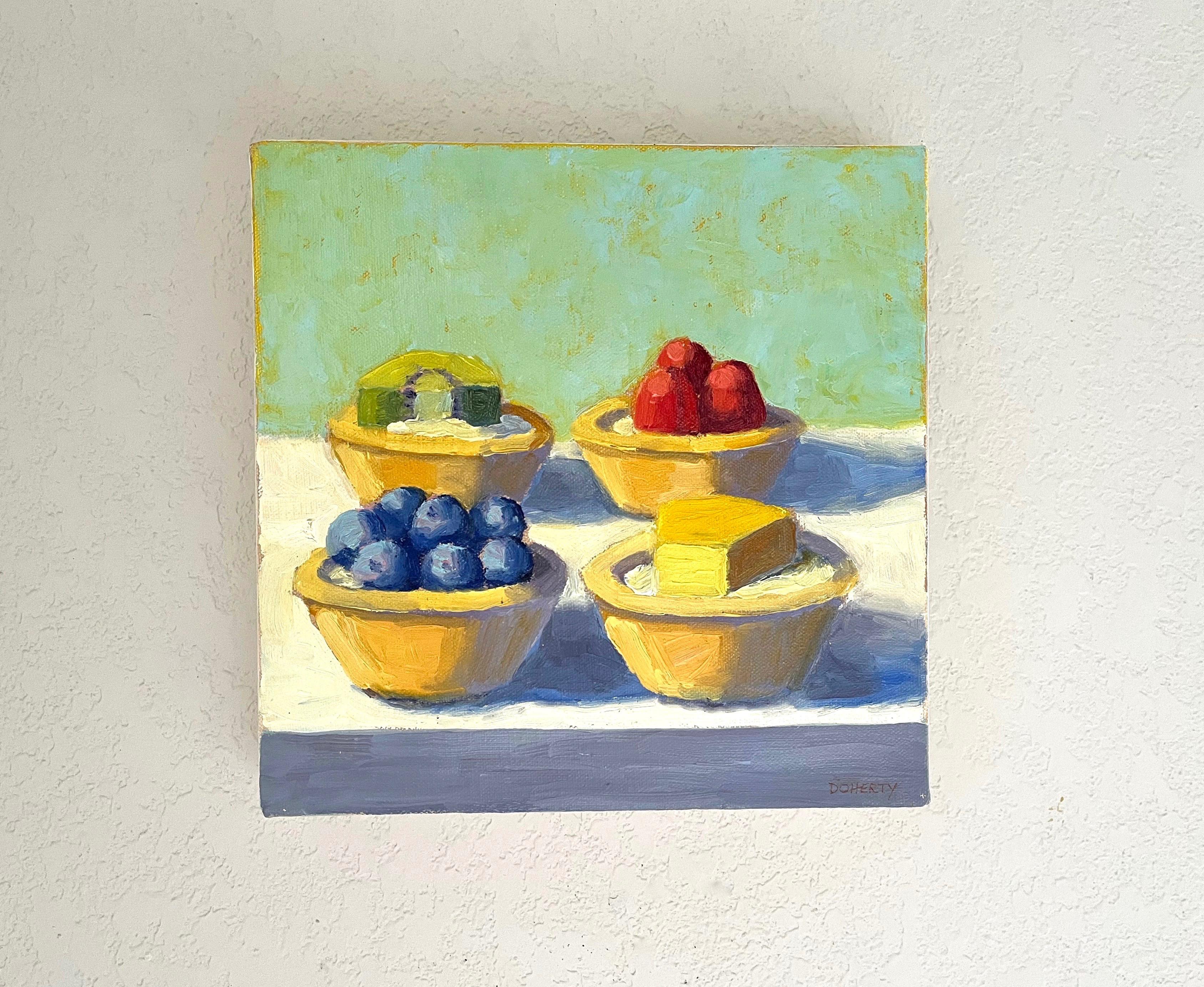 <p>Artist Comments<br />Artist Pat Doherty presents an assortment of four mini fruit tartsâ€”blueberry, kiwi, raspberry, and pineapple in a balanced arrangement. Her delectable oil paintings draw on her experience as a former commercial art director