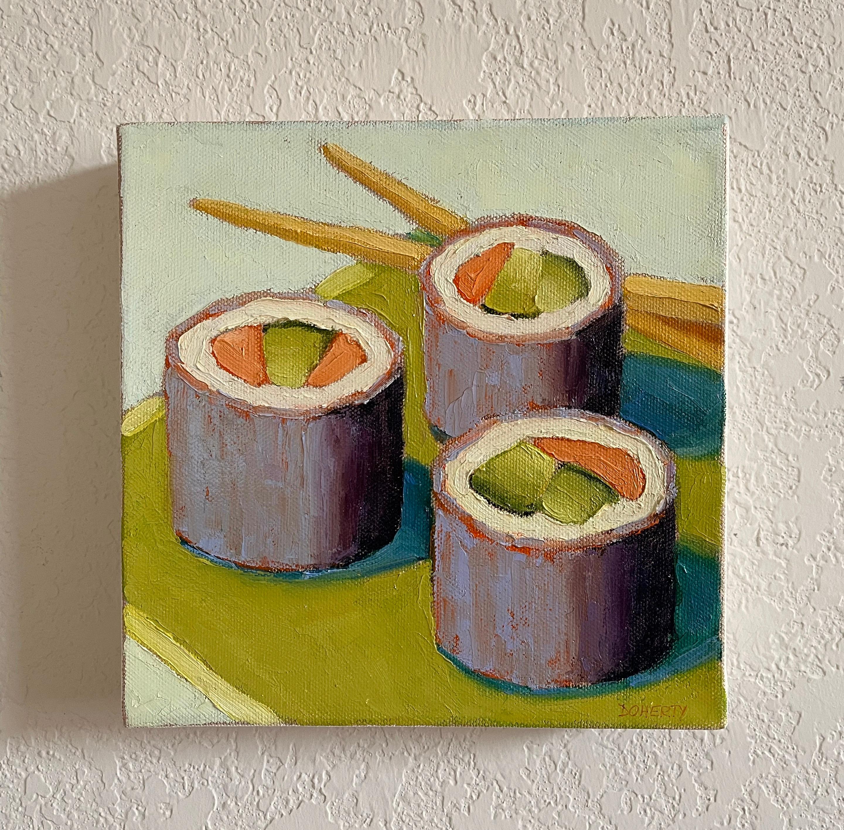 <p>Artist Comments<br />Artist Pat Doherty paints three California sushi rolls on a green plate with chopsticks. 