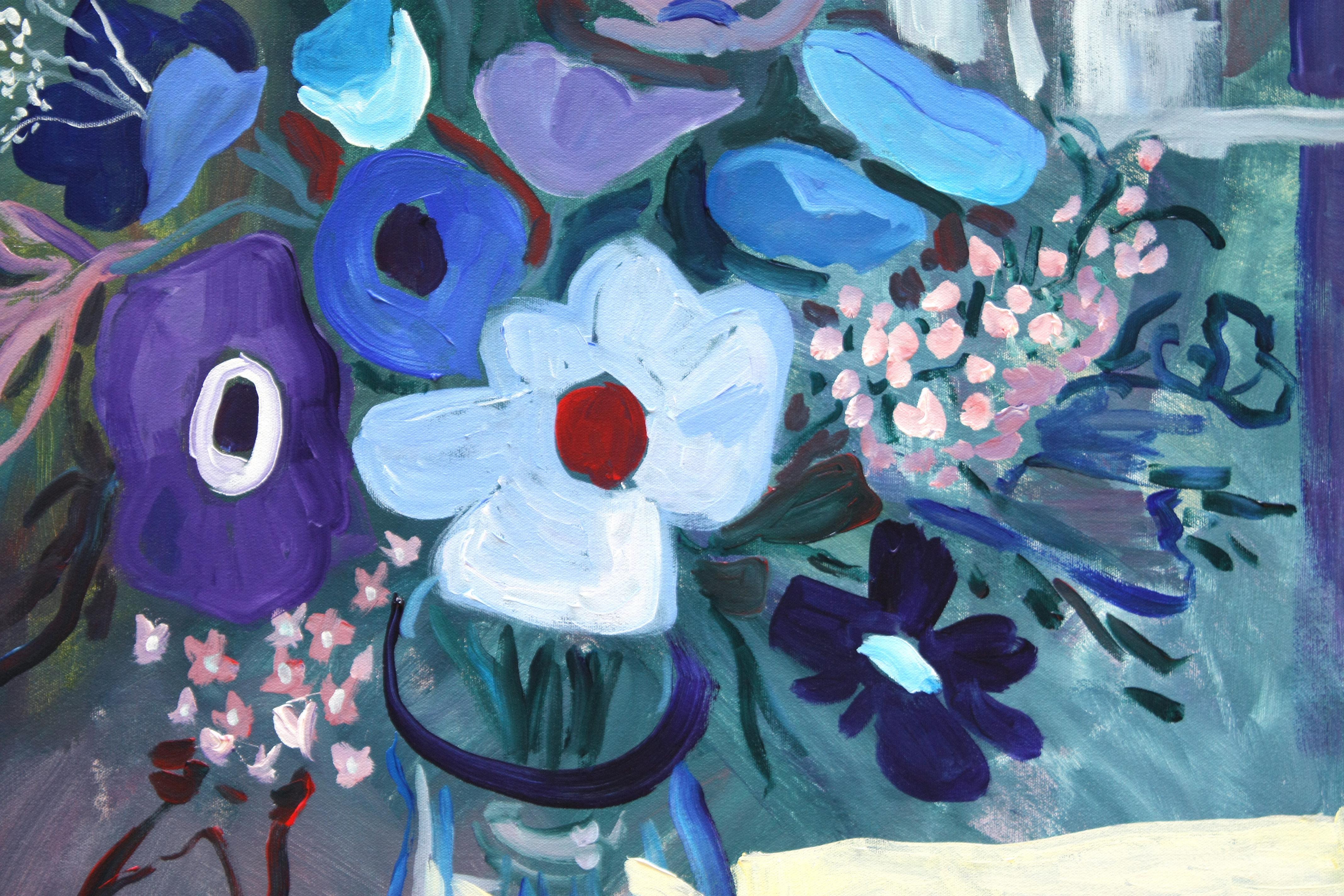 <p>Commentaires de l'artiste<br>L'artiste Robert Hofherr présente une nature morte florale expressionniste dans une palette froide de bleu et de violet. Il rend les fleurs et les feuilles rapidement et avec assurance grâce à un coup de pinceau vif.