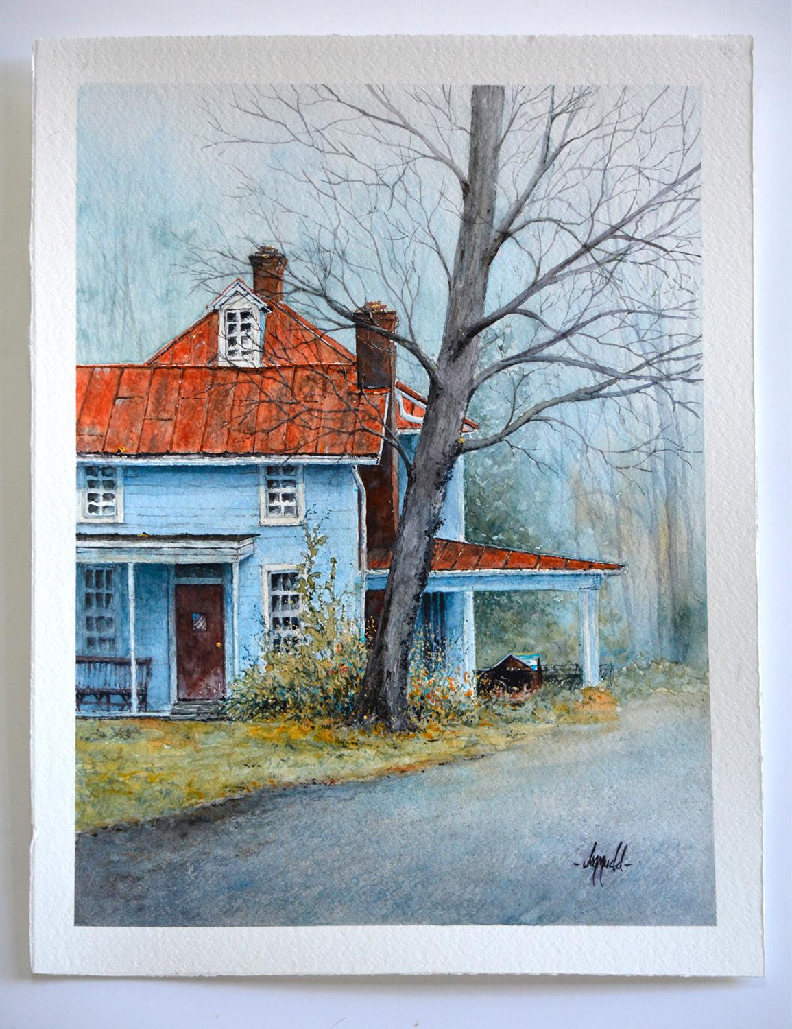 <p>Artist Comments<br>Artist Judy Mudd presents a beautiful old house near her home. The structure us isolated by surrounding developments in an industrial park. She highlights the shape and textures of the building and trees surrounding the