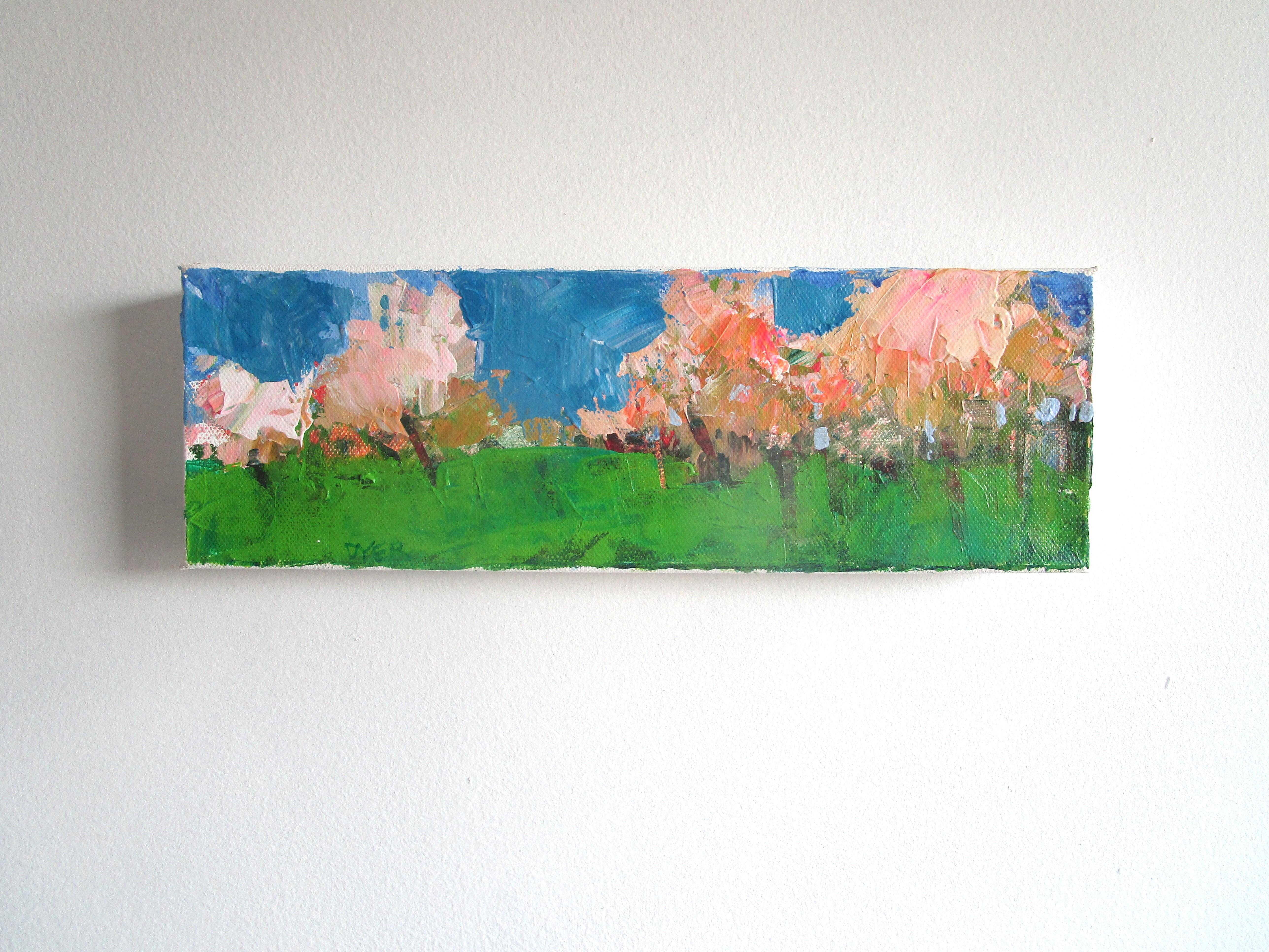 <p>Kommentare des Künstlers<br>Die Künstlerin Janet Dyer präsentiert eine Panoramaszene mit rosa blühenden Bäumen. 