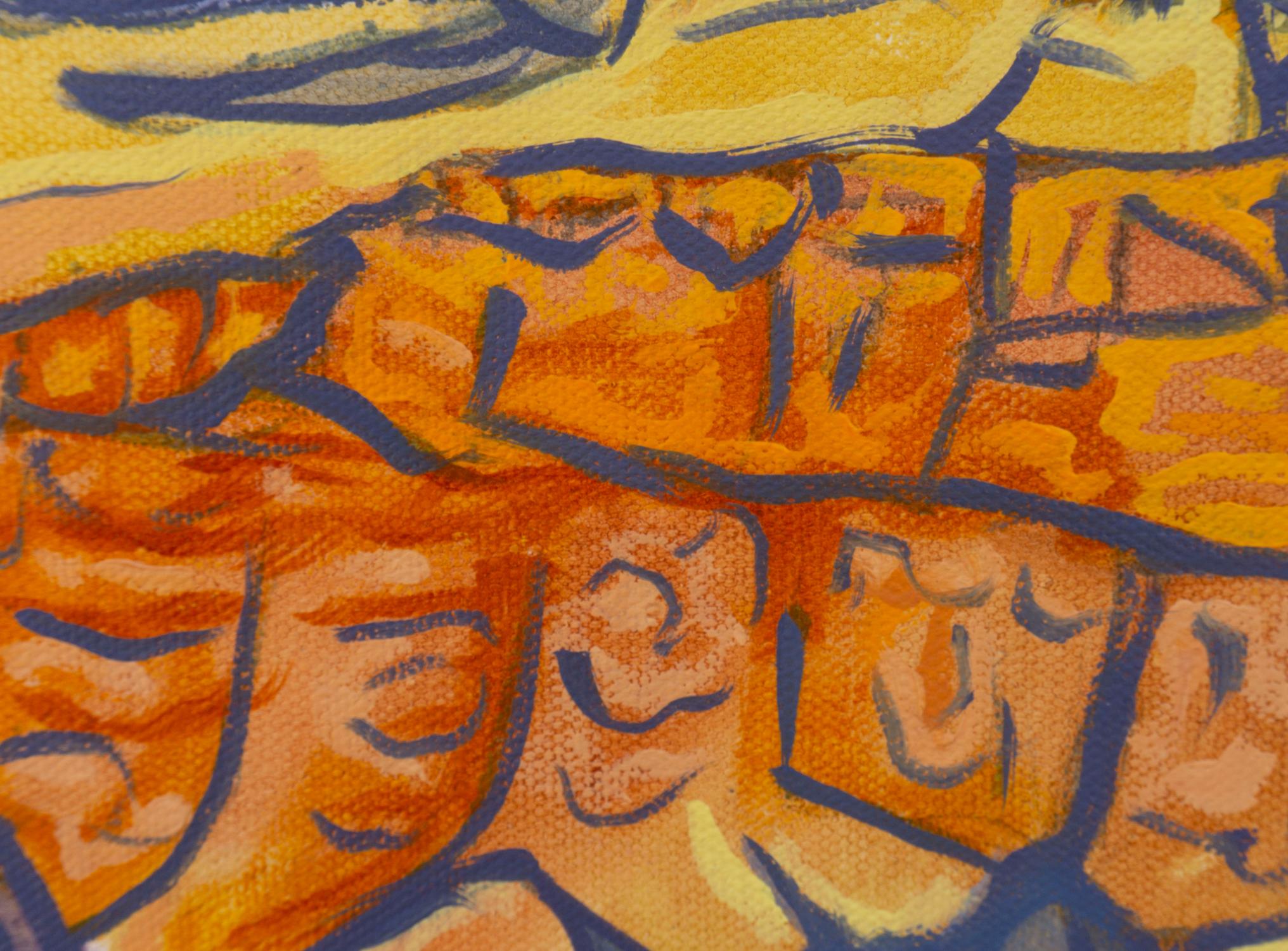 <p>Commentaires de l'artiste<br />L'artiste Crystal DiPietro peint un coucher de soleil alors que la lumière chaude descend au-delà de l'horizon. Les rayons dorés illuminent les imposantes mesas parées de nuances d'orange. Il crée un contraste