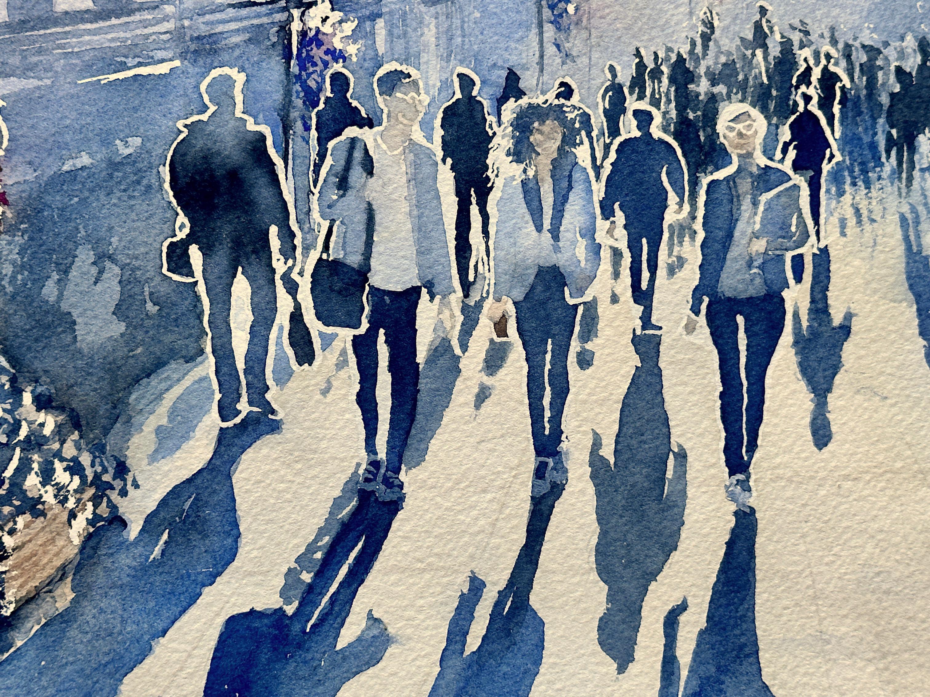 <p>Artist Comments<br>Artist Maurice Dionne illustrates crowds of people walking along the street in an impressionistic representation. 