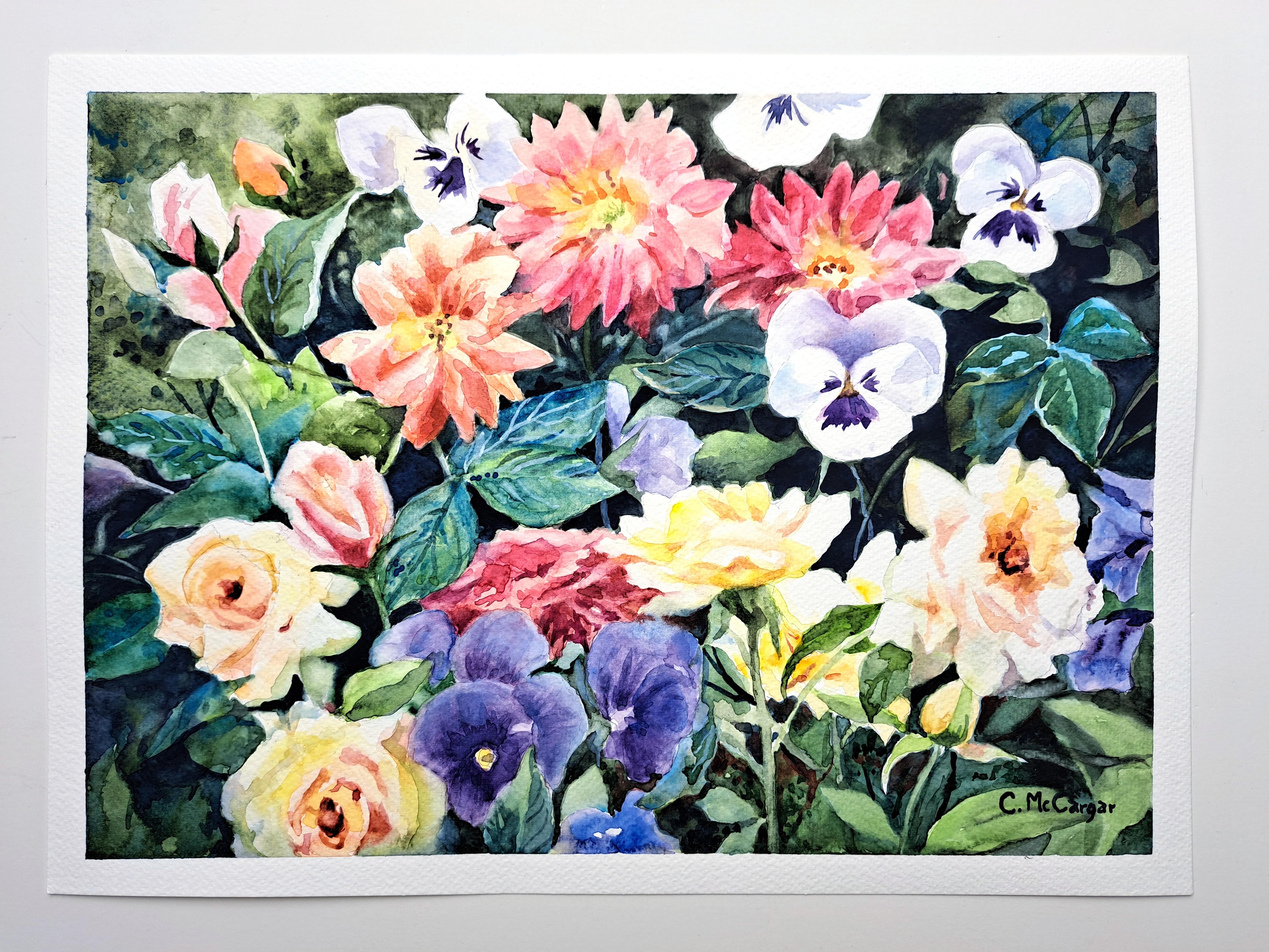 <p>Artist Comments<br>Artist Catherine McCargar presents a bright and lively impressionist rendering of flowers and leaves. They bloom profusely in a garden, celebrating abundance and color. The flowers, dahlias, roses, and pansies, growing so