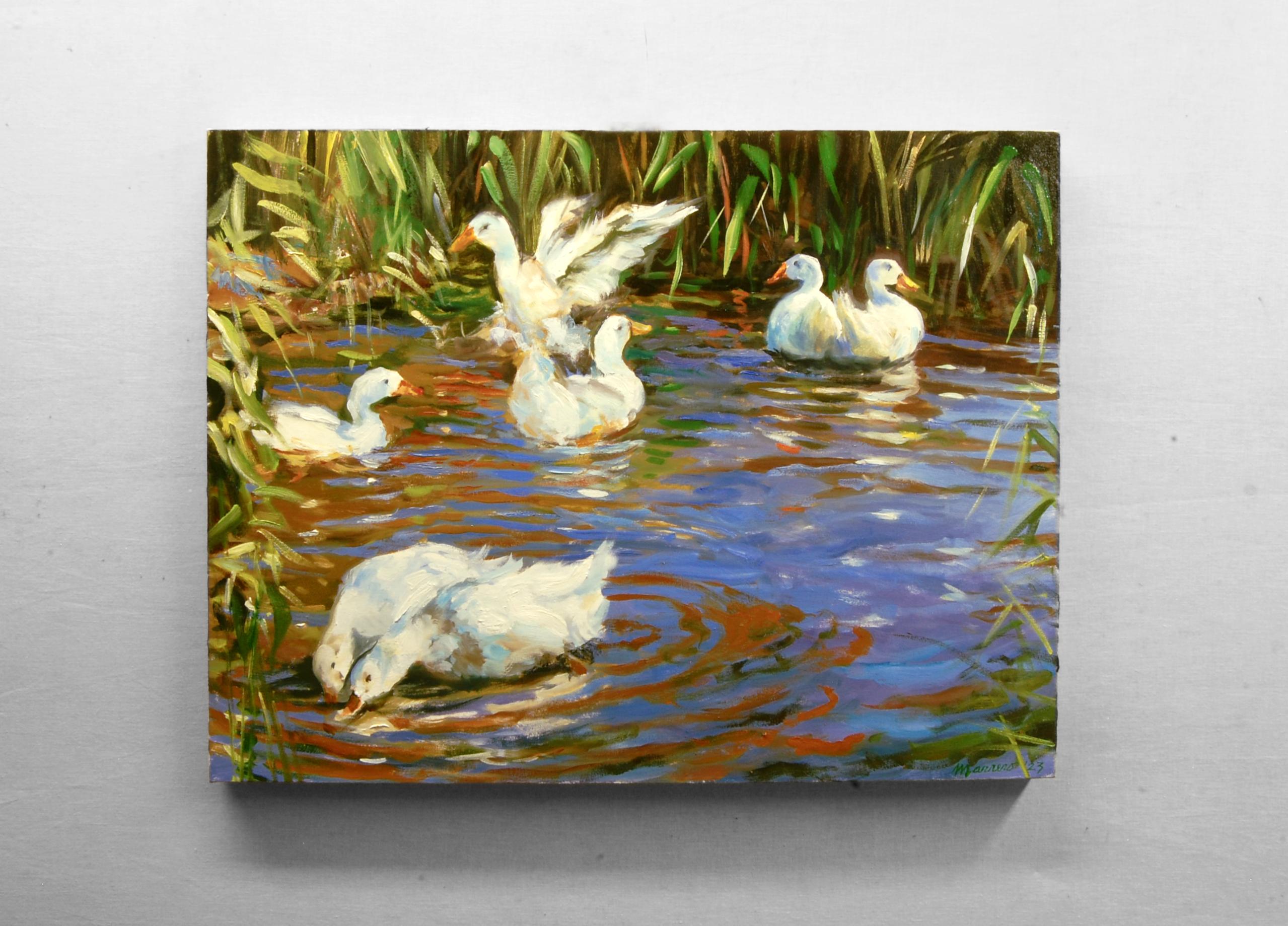 <p>Commentaires de l'artiste<br>L'artiste Onelio Marrero peint un groupe de canards nageant dans un étang entouré de feuillage printanier. 
