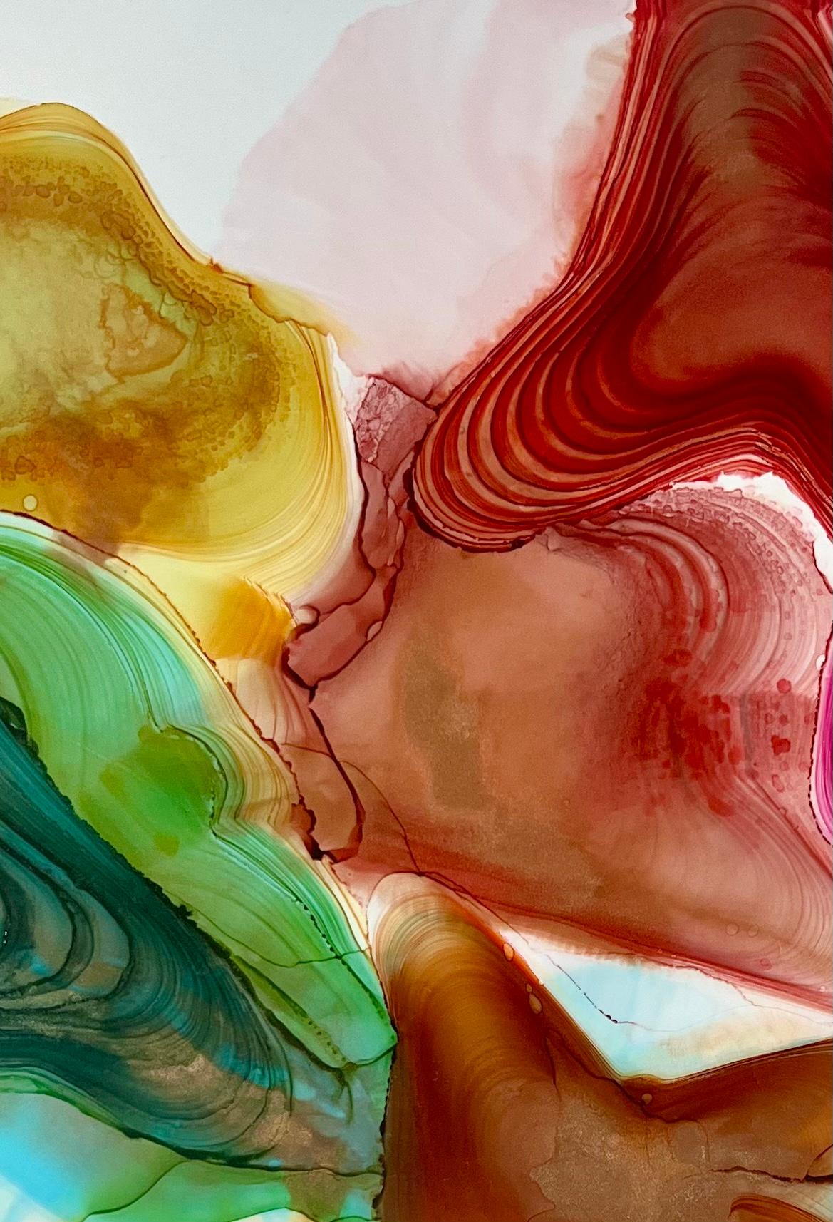 <p>Kommentare des Künstlers<br>Der Künstler Eric Wilson präsentiert ein abstraktes Bild mit energiegeladenen ringförmigen Farbformationen. Die reichen Farbschichten explodieren förmlich auf der Szene. Kräftige Ströme von Rot, Türkis und Gelb
