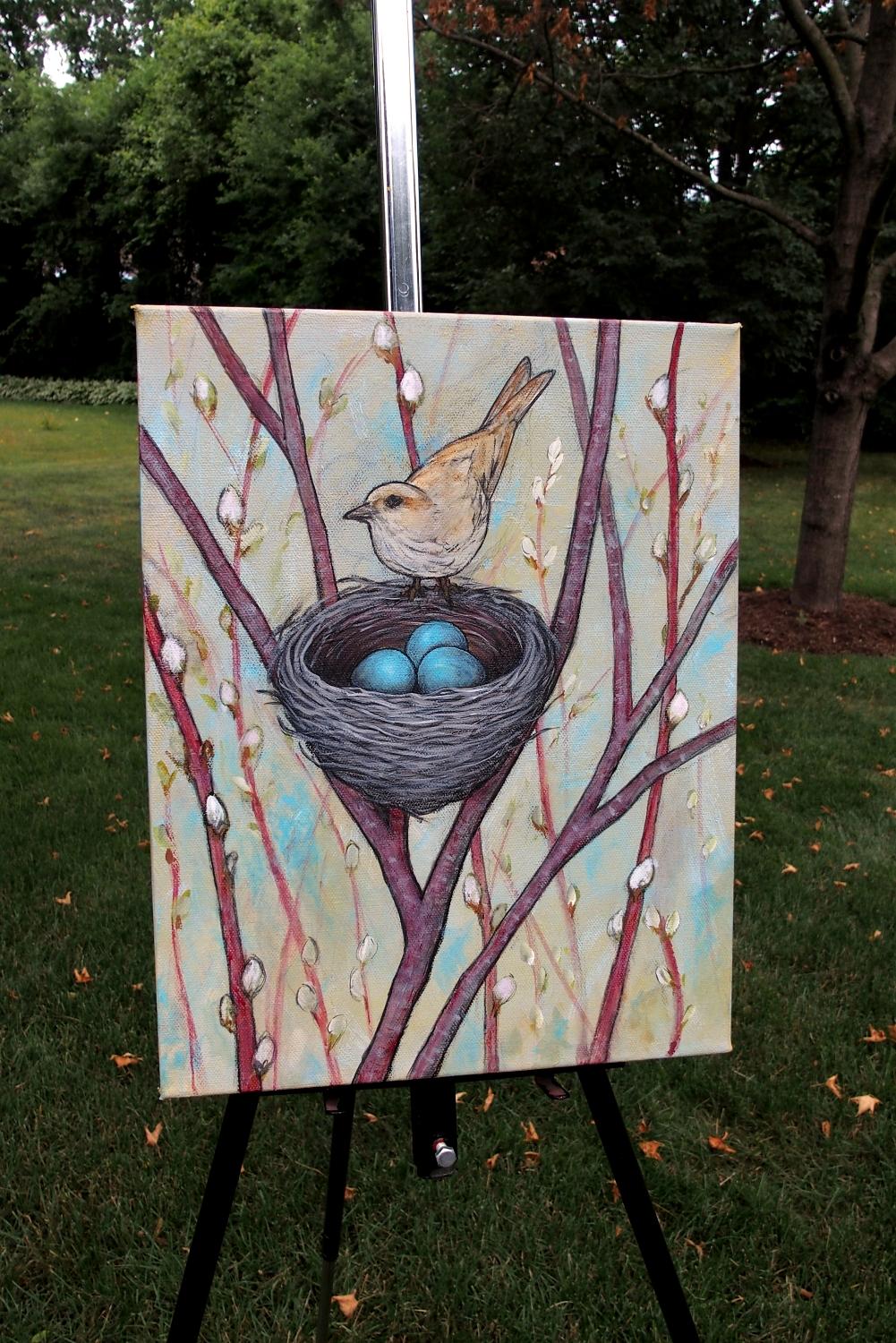 <p>Kommentare des Künstlers<br>Die Künstlerin Jennifer Ross präsentiert einen braunen Vogel, der über seinen drei Eiern hockt. 