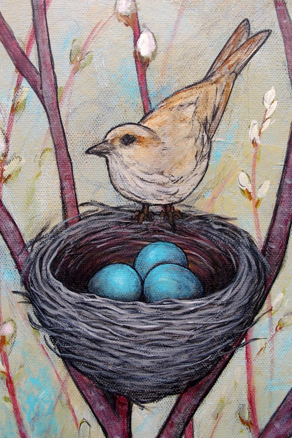 <p>Artist Comments<br>Artist Jennifer Ross presents a brown bird perched over its three eggs. 
