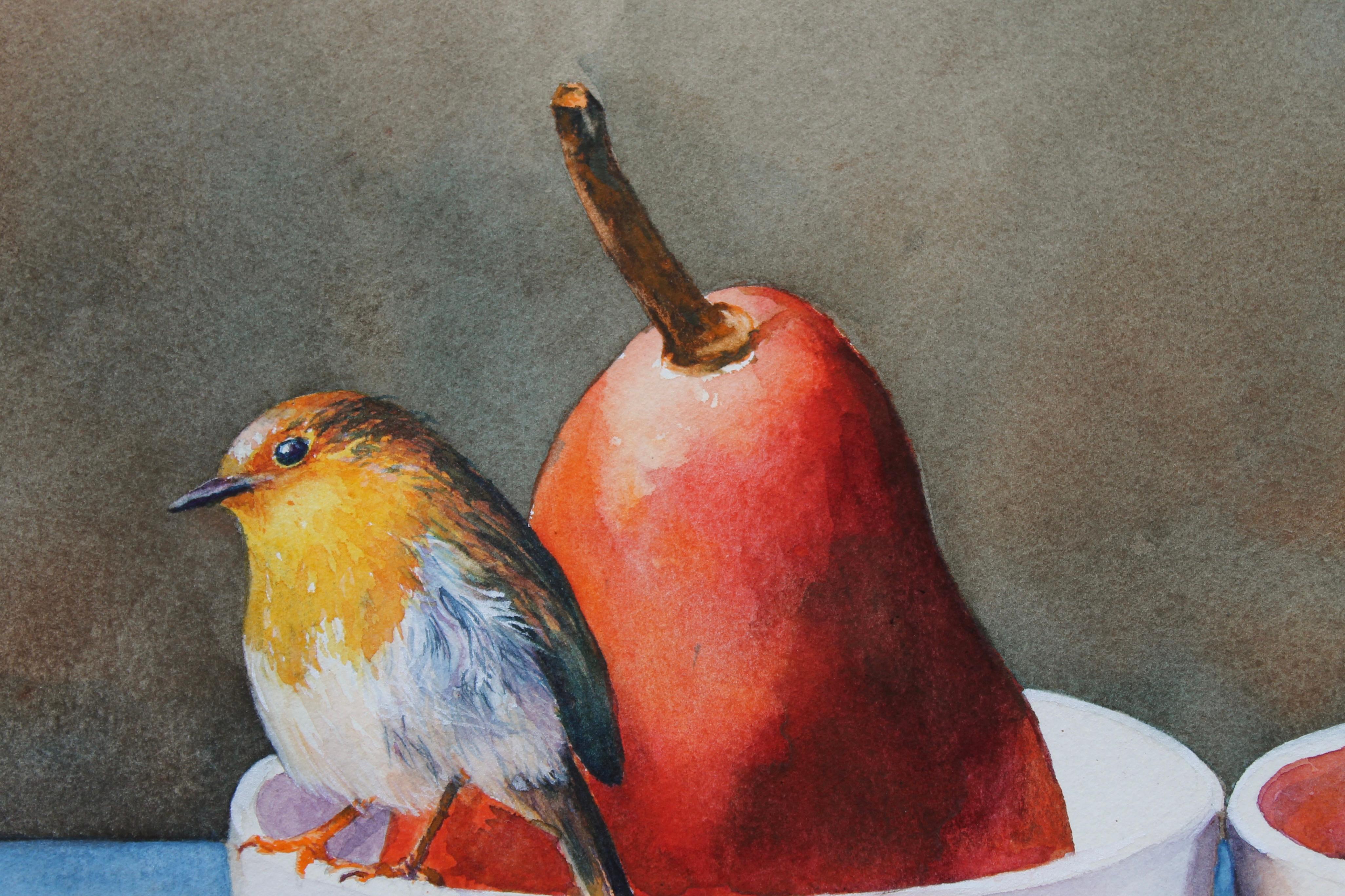 <p>Artist Comments<br>Artist Dwight Smith presents a still life of plump red pears painted in the realist tradition. The three fruits rest in white bowls with a little yellow bird taking a break on the edge of one. 