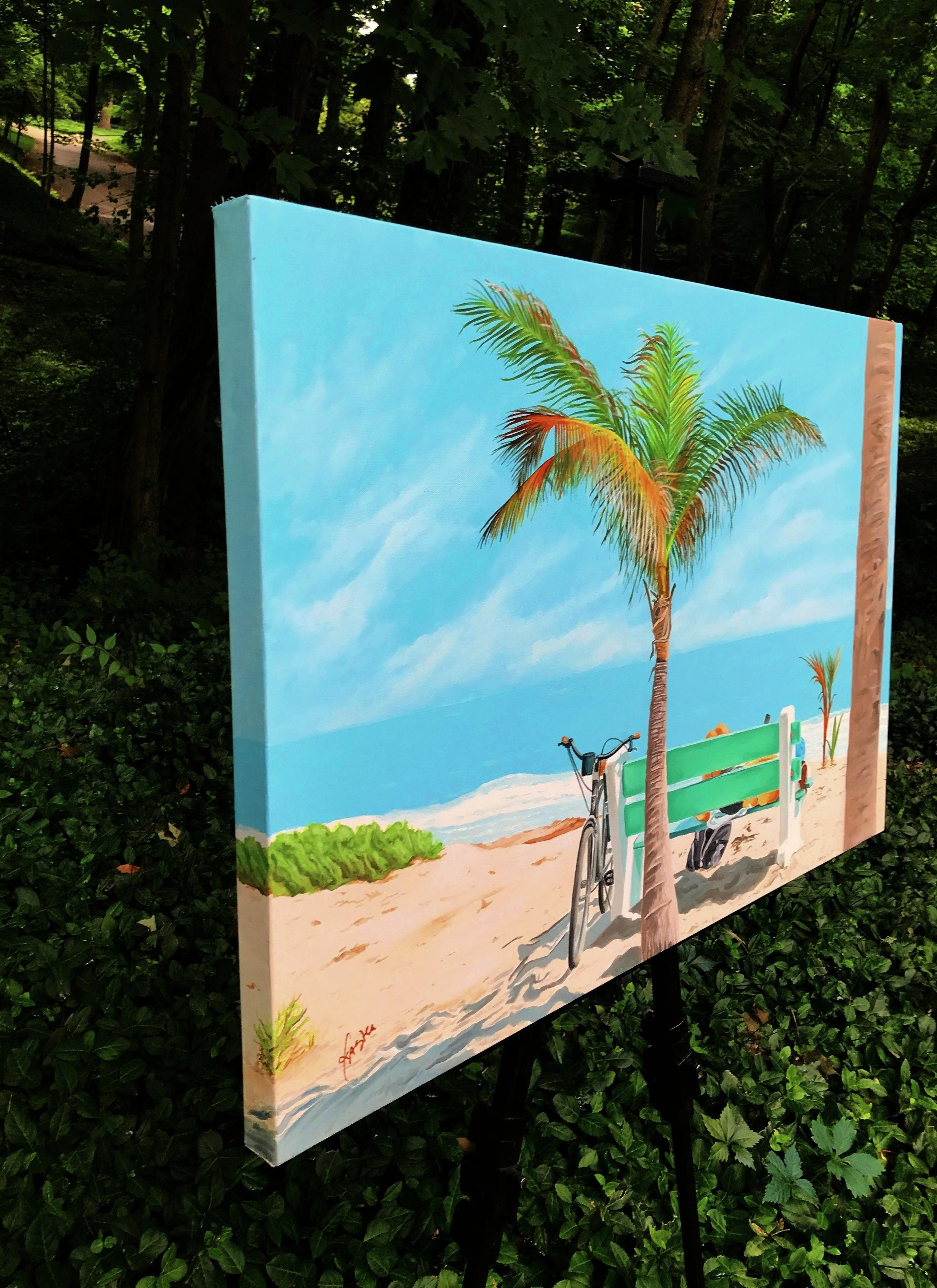 <p>Artist Comments<br>Artist John Jaster paints a relaxing summer day with waves crashing just beyond the warm shore. A bicycle leans against a bench, where between the bench slats, a girl in a bathing suit can be seen texting, her backpack in the
