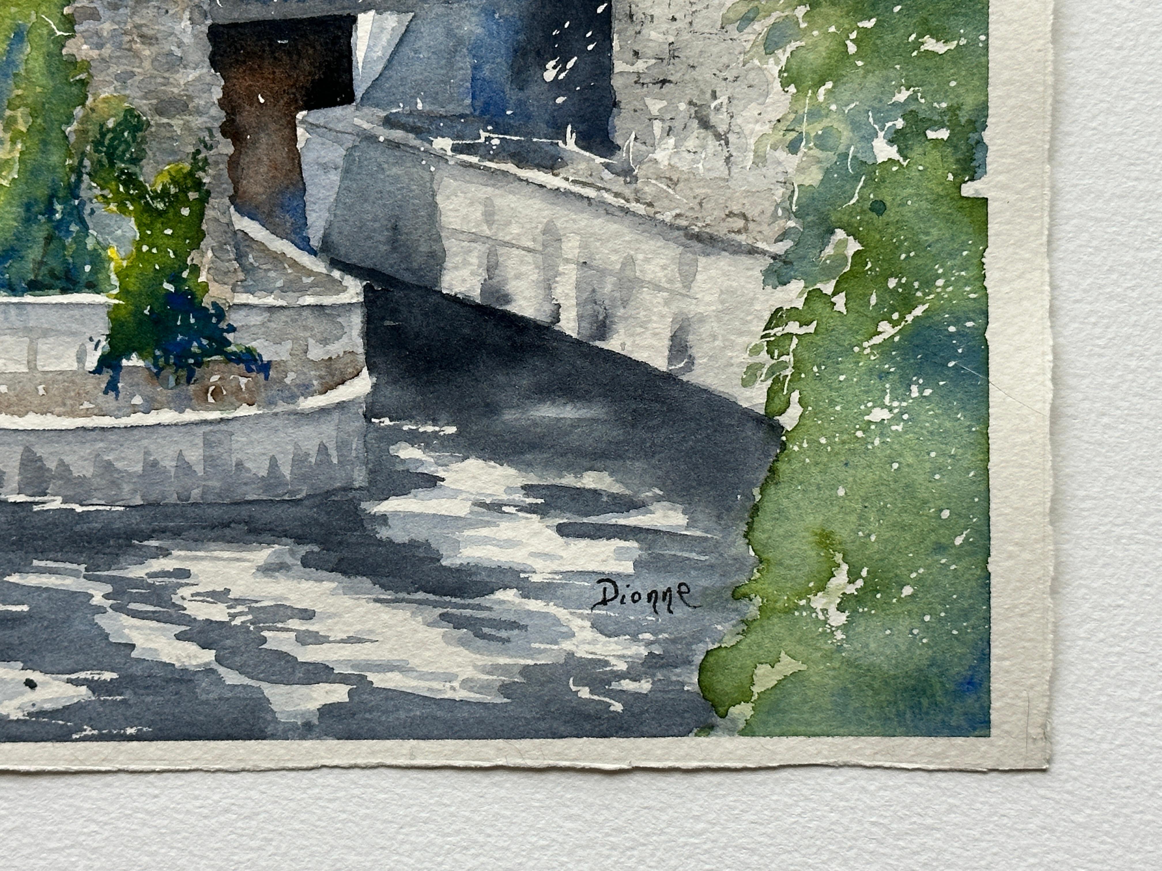 <p>Artist Comments<br>Artist Maurice Dionne paints a bridge on a bright day with people enjoying the sound of rushing water. 