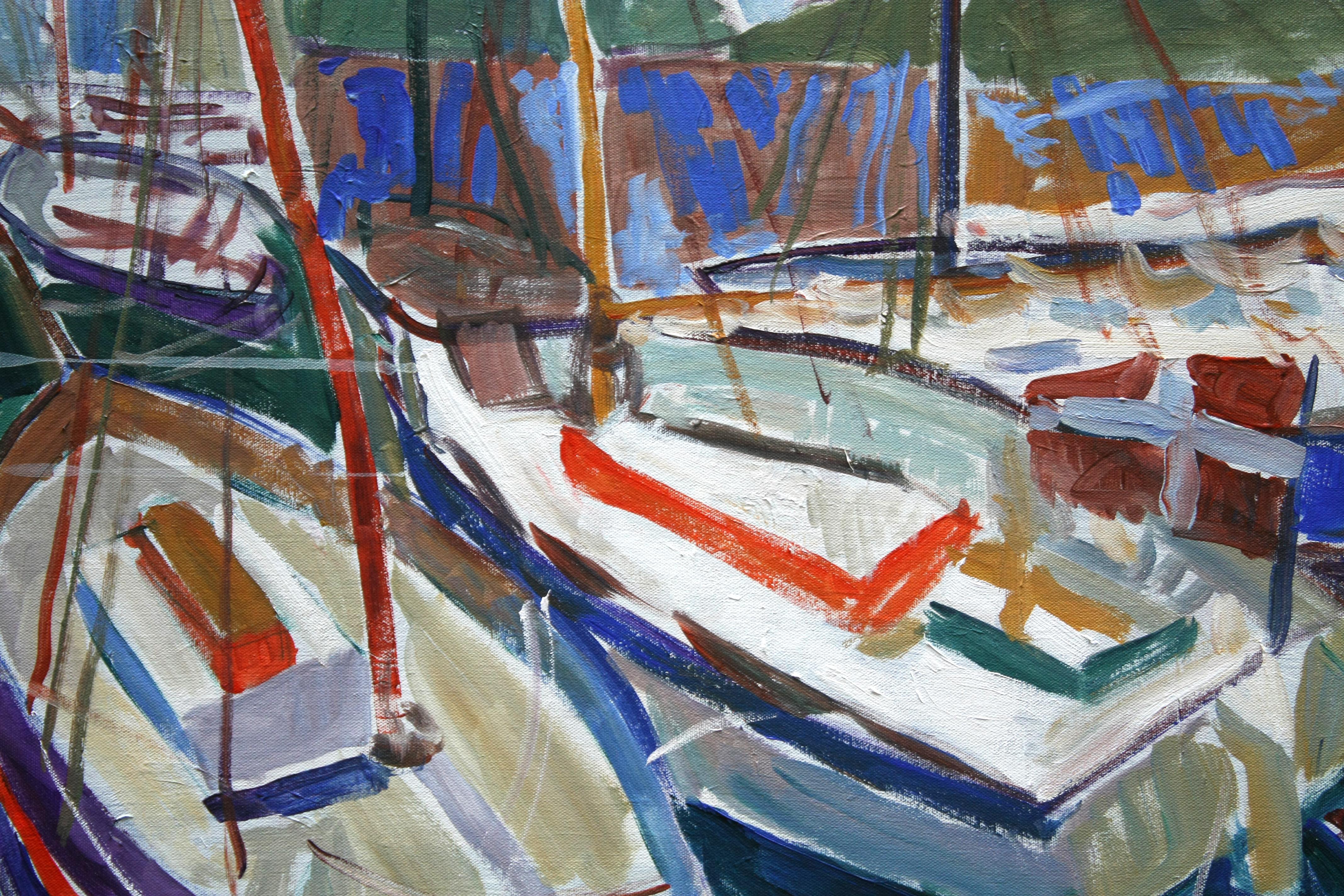 <p>Kommentare des Künstlers<br>Der Künstler Robert Hofherr malt eine Reihe von Segelbooten in einem Hafen von Massachusetts mit einem expressionistischen Ansatz. Er verwandelt das gesamte Display mit fauvistischen Techniken und lässt sich von Jason